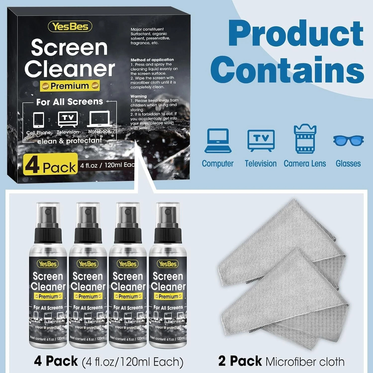 Screen Cleaner Spray 16Oz (4Oz X 4 Pack) - TV & Computer Screen Cleaner