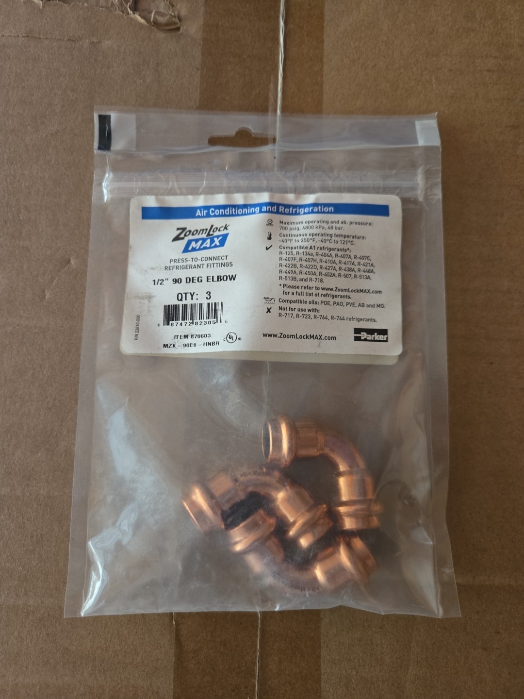 Parker Zoomlock Max Press To Connect 1/2" 90 Degree Elbows Refrigerant Fittings