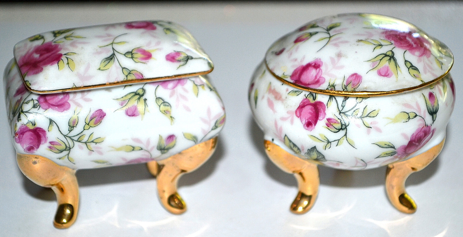 2 PRETTY LEFTON? CHINTZ COVERED PORCELAIN TRINKET RING BOXES, ROSE, GOLD PATTERN