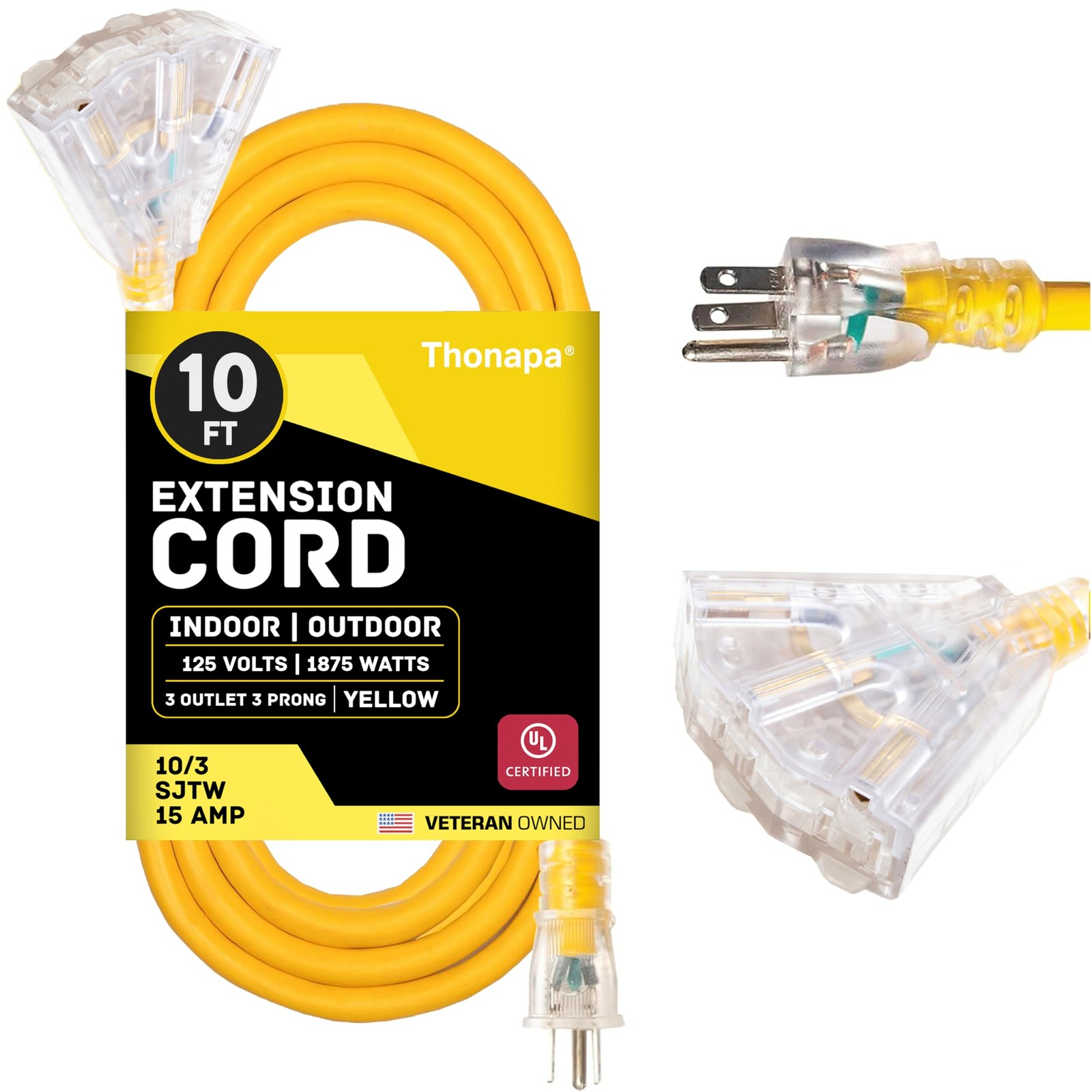 10 Ft Lighted Outdoor Extension Cord -3 Power Outlets-10/3 Yellow 10 Gauge Cable