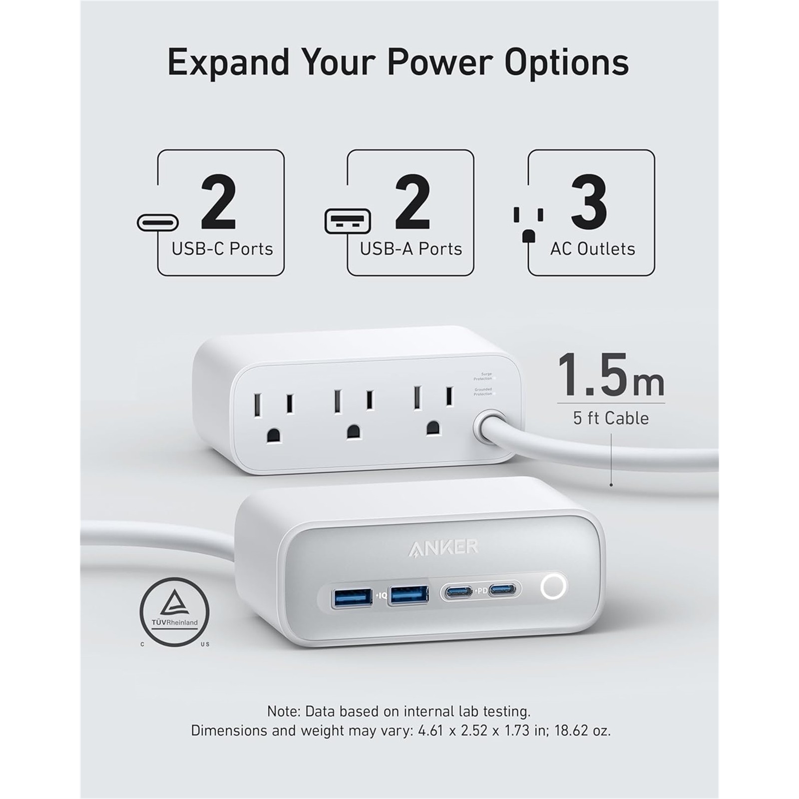 Anker A91C0-122 3-Outlet Surge Protector, White