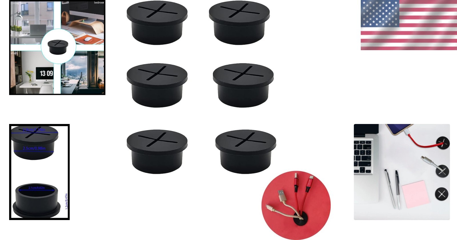 6 Durable Silicone Cable Grommets - 1-Inch for Effortless Desktop Organization