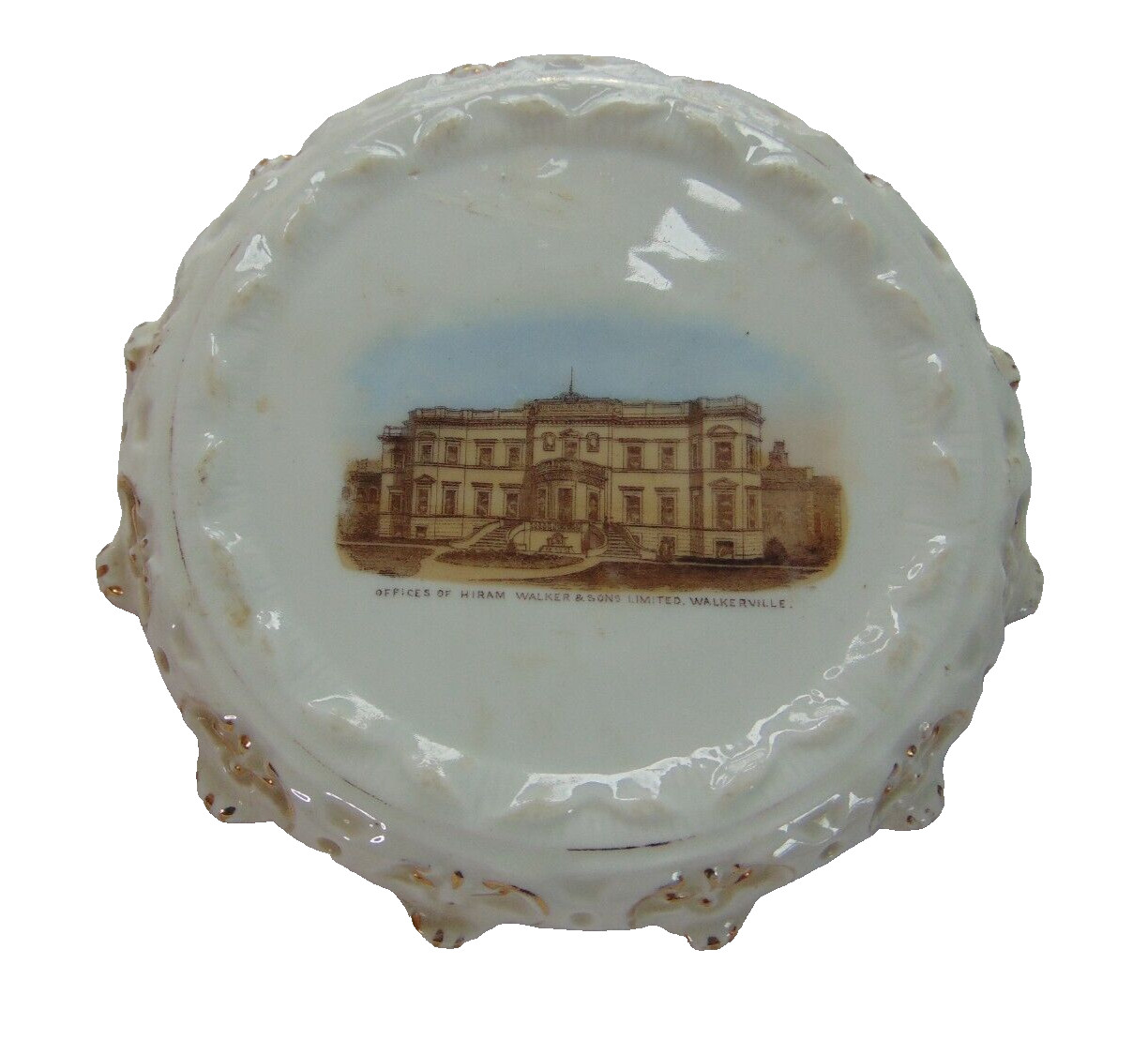 Hiram Walker & Sons Vtg Footed Bottle Stand Bone China Painted Office Building