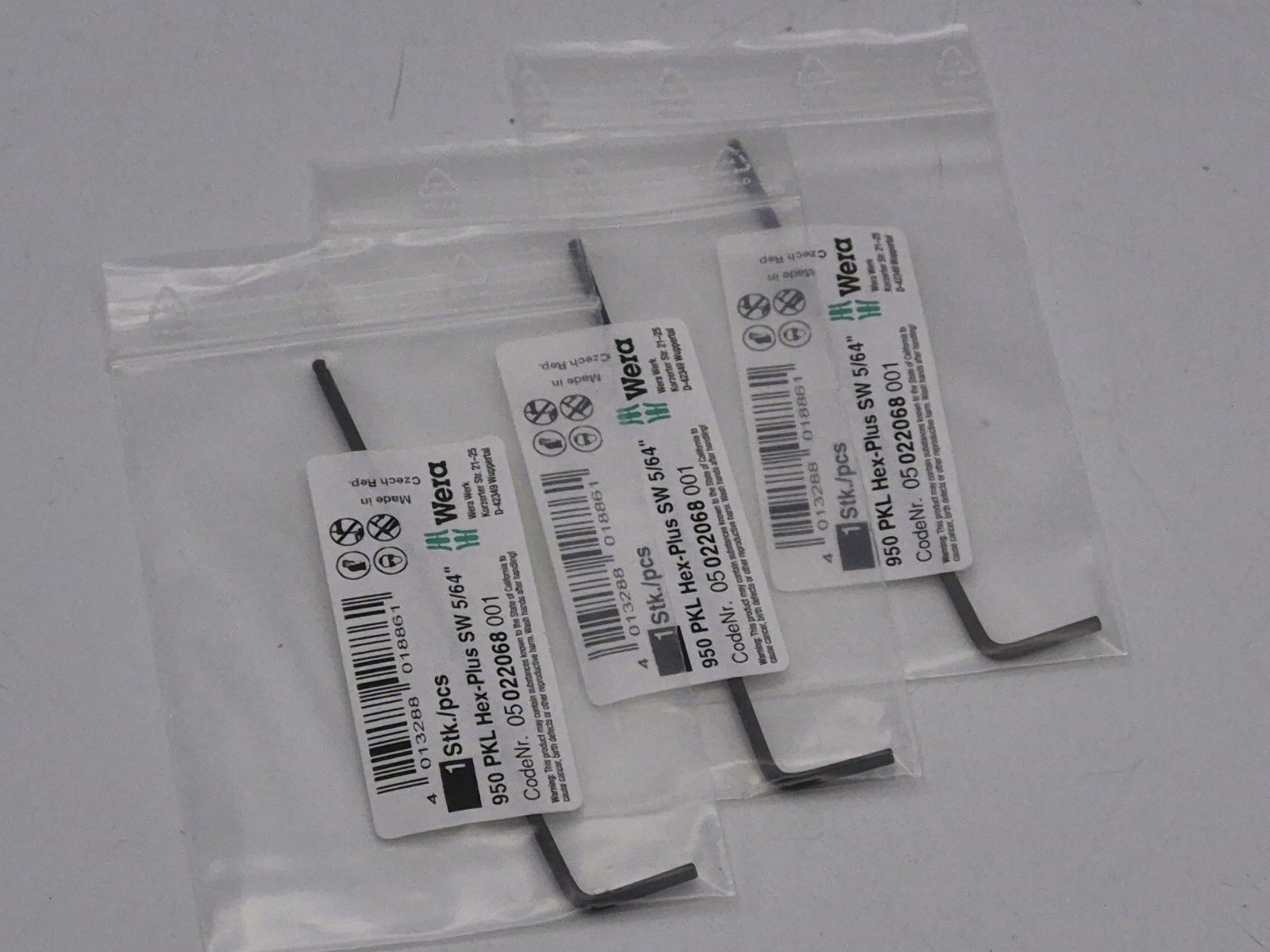 [3 pieces] Wera Tools 950 PKL Hex-Plus L-Key 5/64" x100mm length, p/n 5022068001