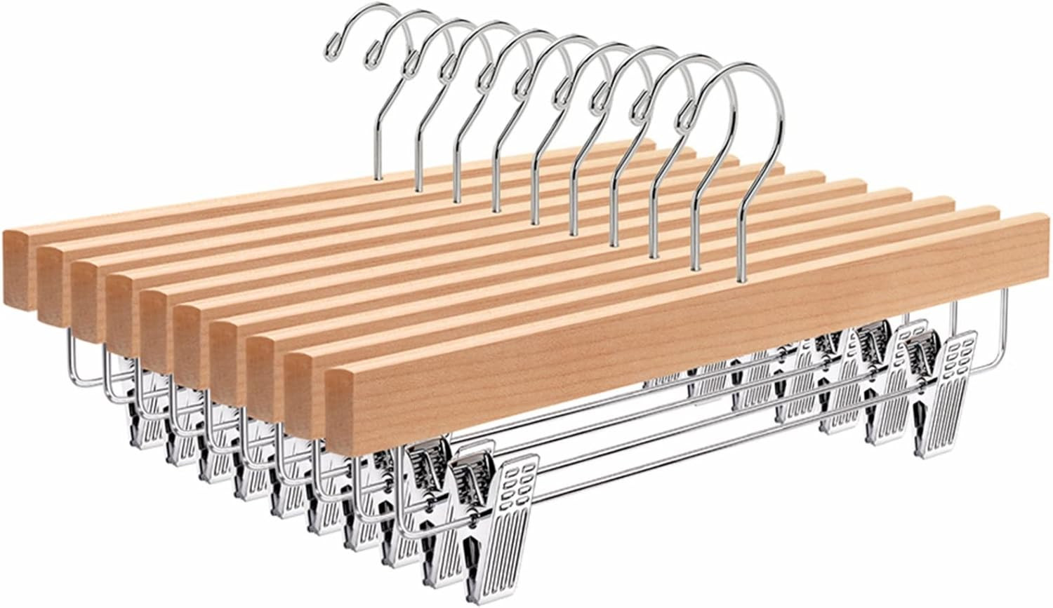 Natural Wooden Pant & Skirt Hangers with Adjustable Clips, 10 Pack
