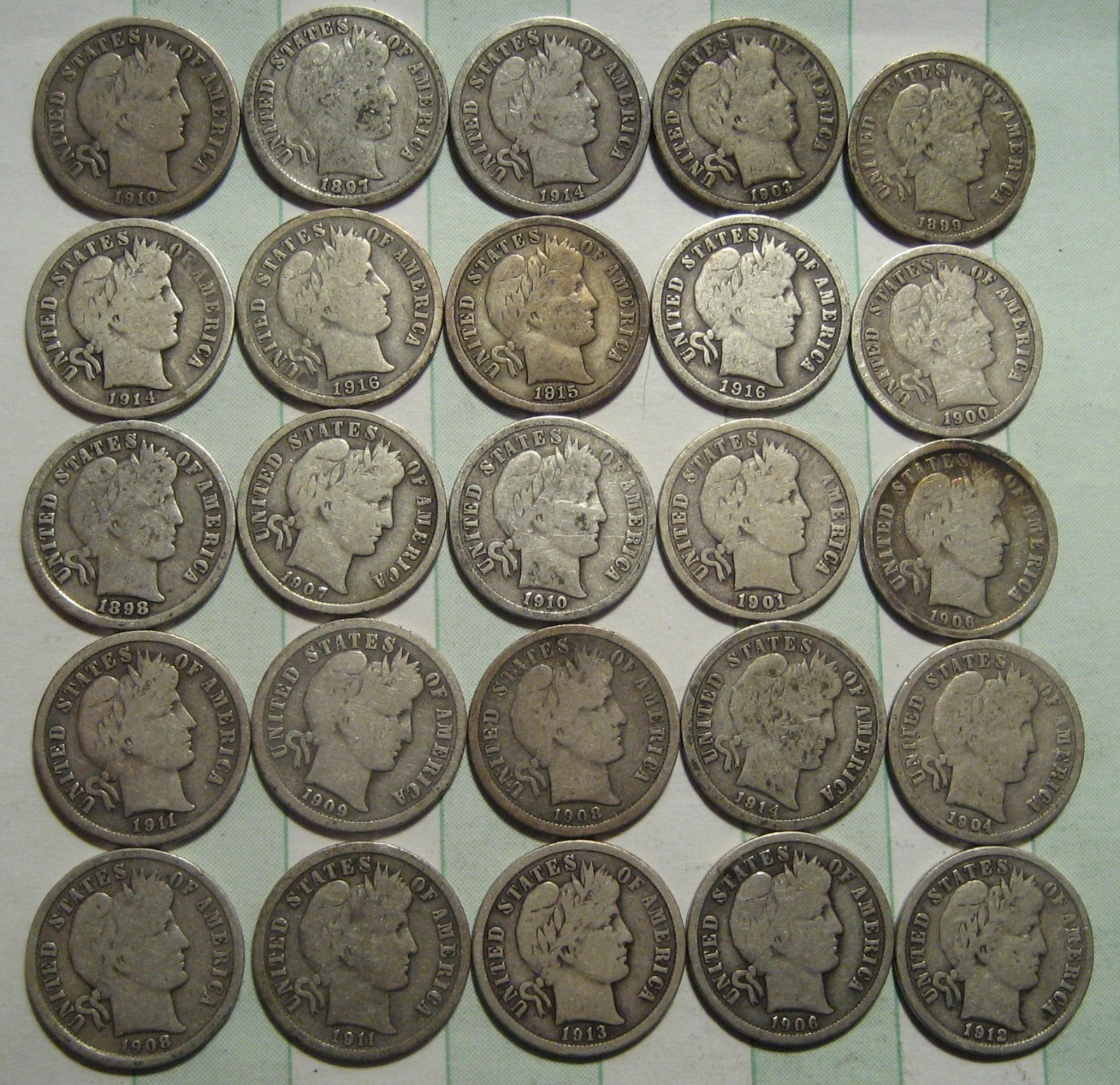 = 25 DIFFERENT Date / Mint Mark BARBER DIMES, Full Rims, VG Grades FREE Shipping
