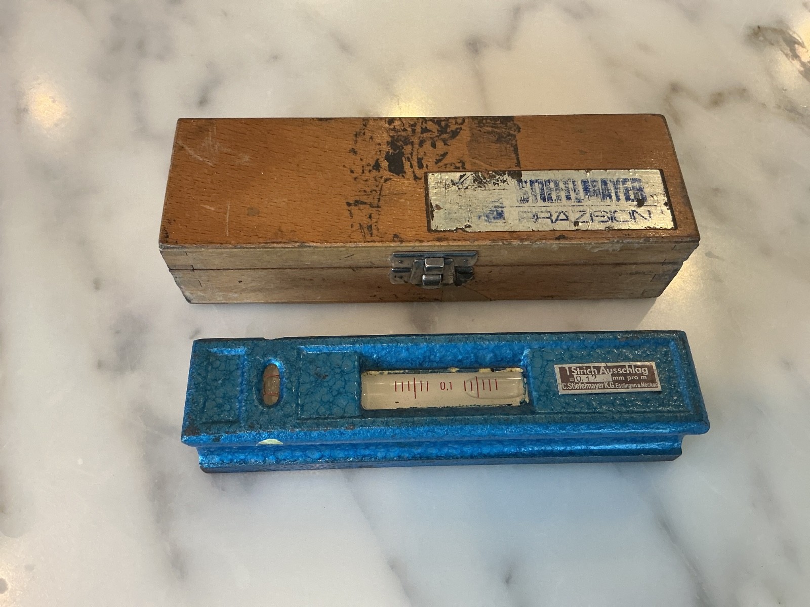 Vtg Stiefelmayer Precision Spirit Level 0.13mm/m Germany Blue Hammer Tone W/Box