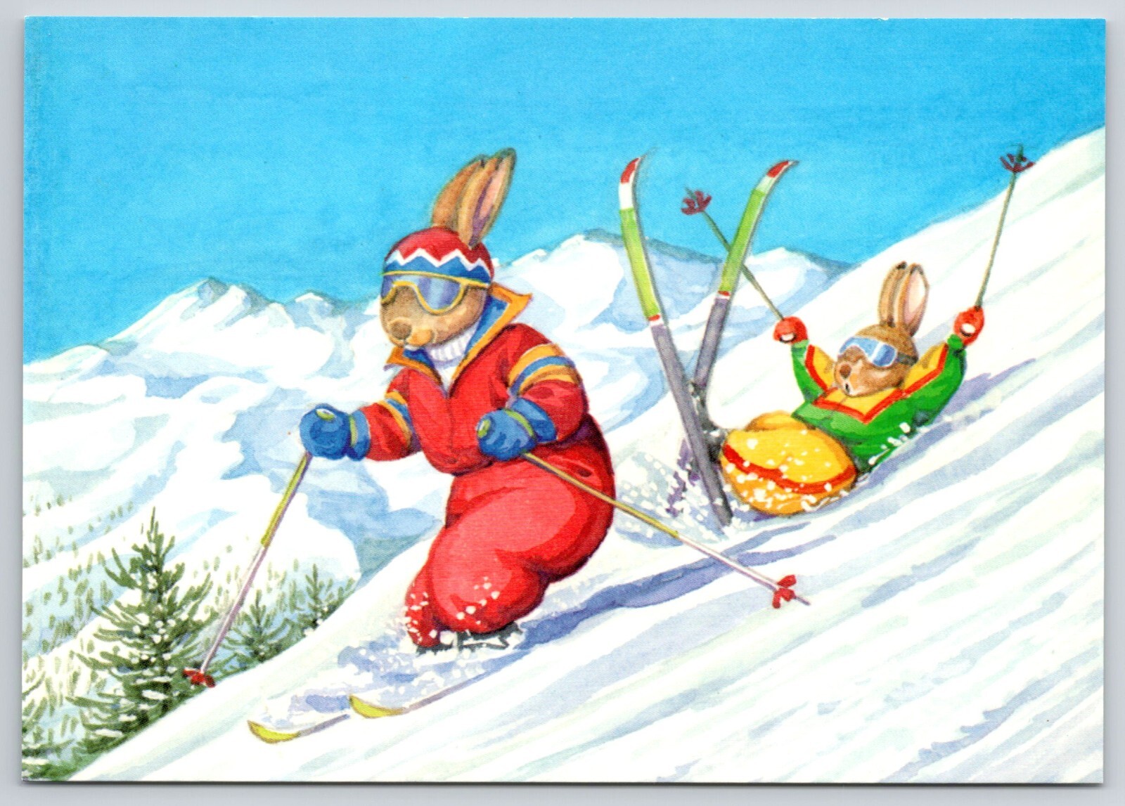 Rabbits Downhill Snow Skiing Fantasy Anthropomorphic Animals Medici Postcard