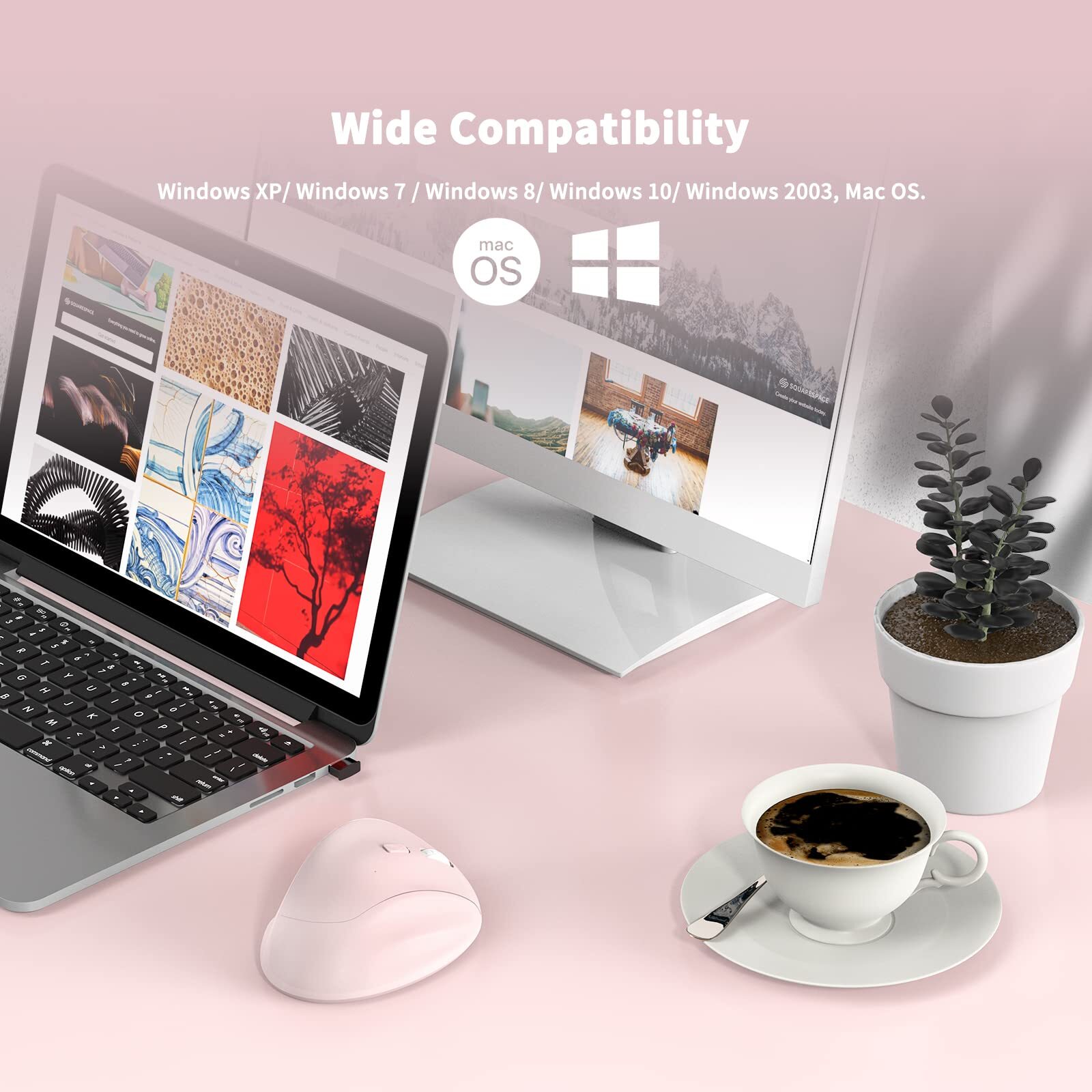 Ergonomic Wireless Mouse with USB Receiver for PC Laptop and Desktop Pink