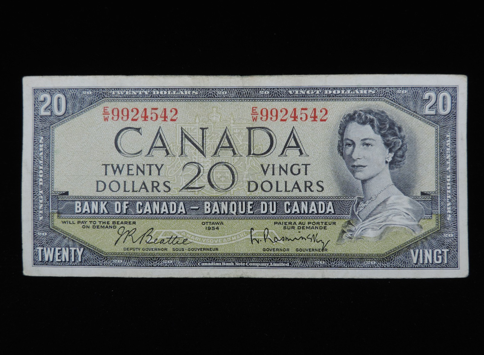 1954 $20 Twenty Dollars Bank of Canada Banknote E/W 9924542 Beattie Rasminsky F