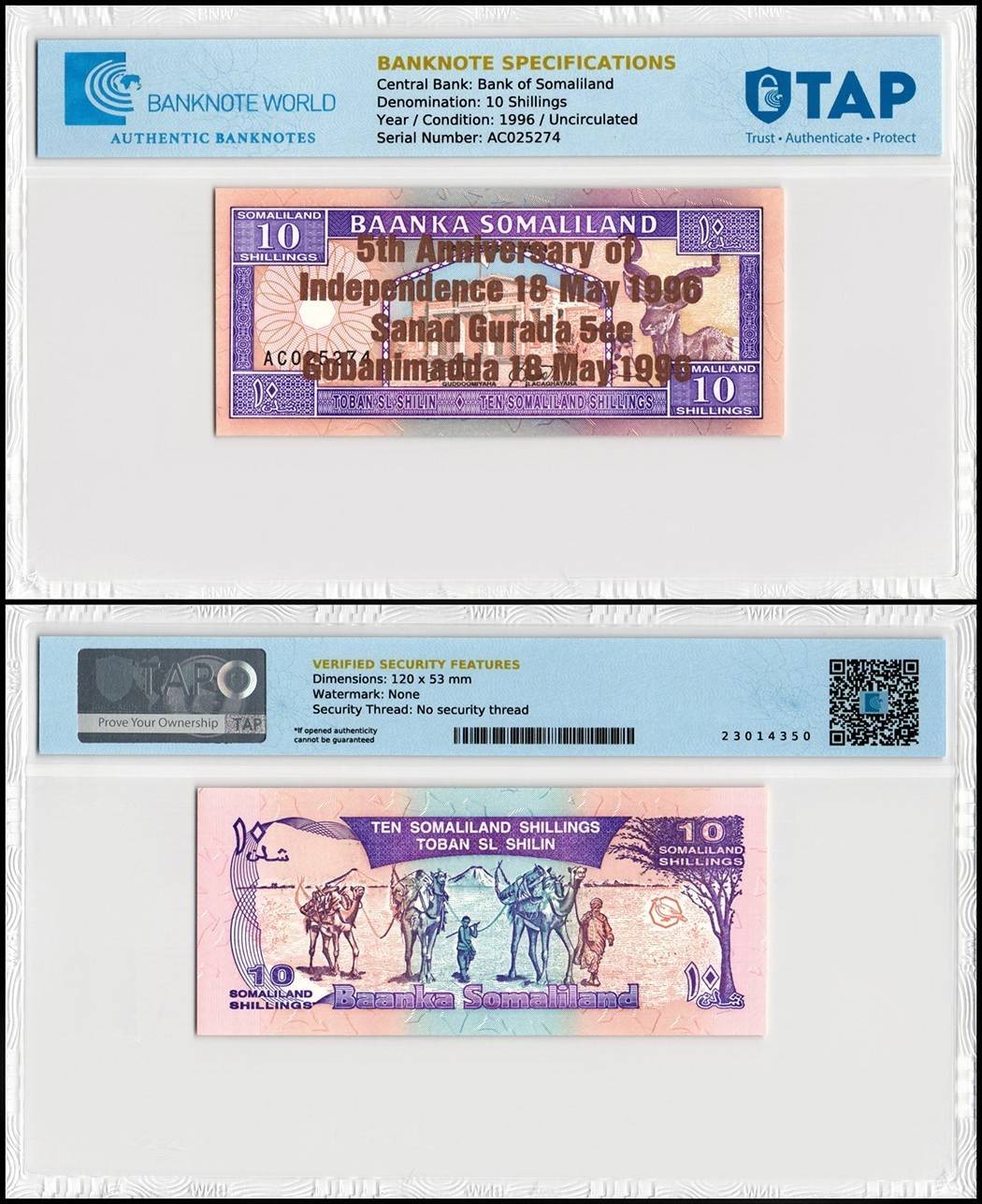 Somaliland 10 Shillings, 1996, P-9 UNC Commemorative Overprint TAP Authenticated