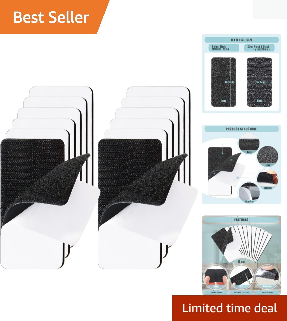 12 Sets Heavy Duty Hook and Loop Adhesive Strips for Versatile Use