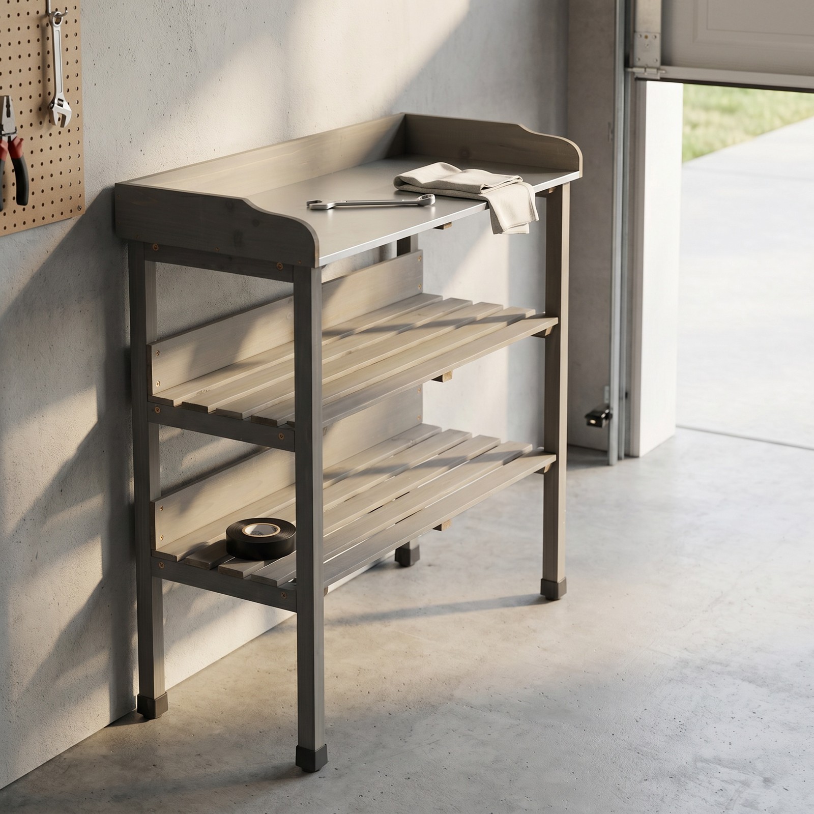 Potting Table with Metal Top, 3-Tier Solid Wood Workbench, 30.5" L