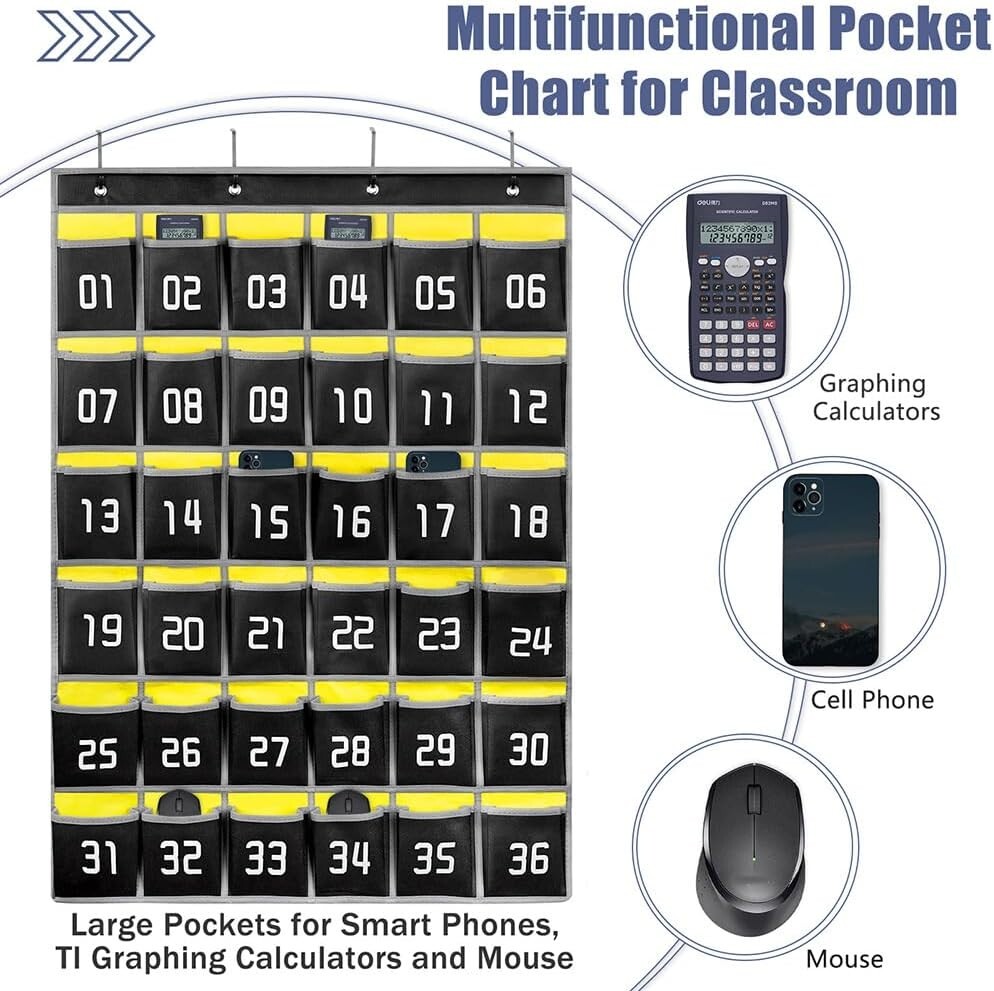 Numbered Classroom Pocket Chart - Cell Phone Holder for Students - 36 Pockets