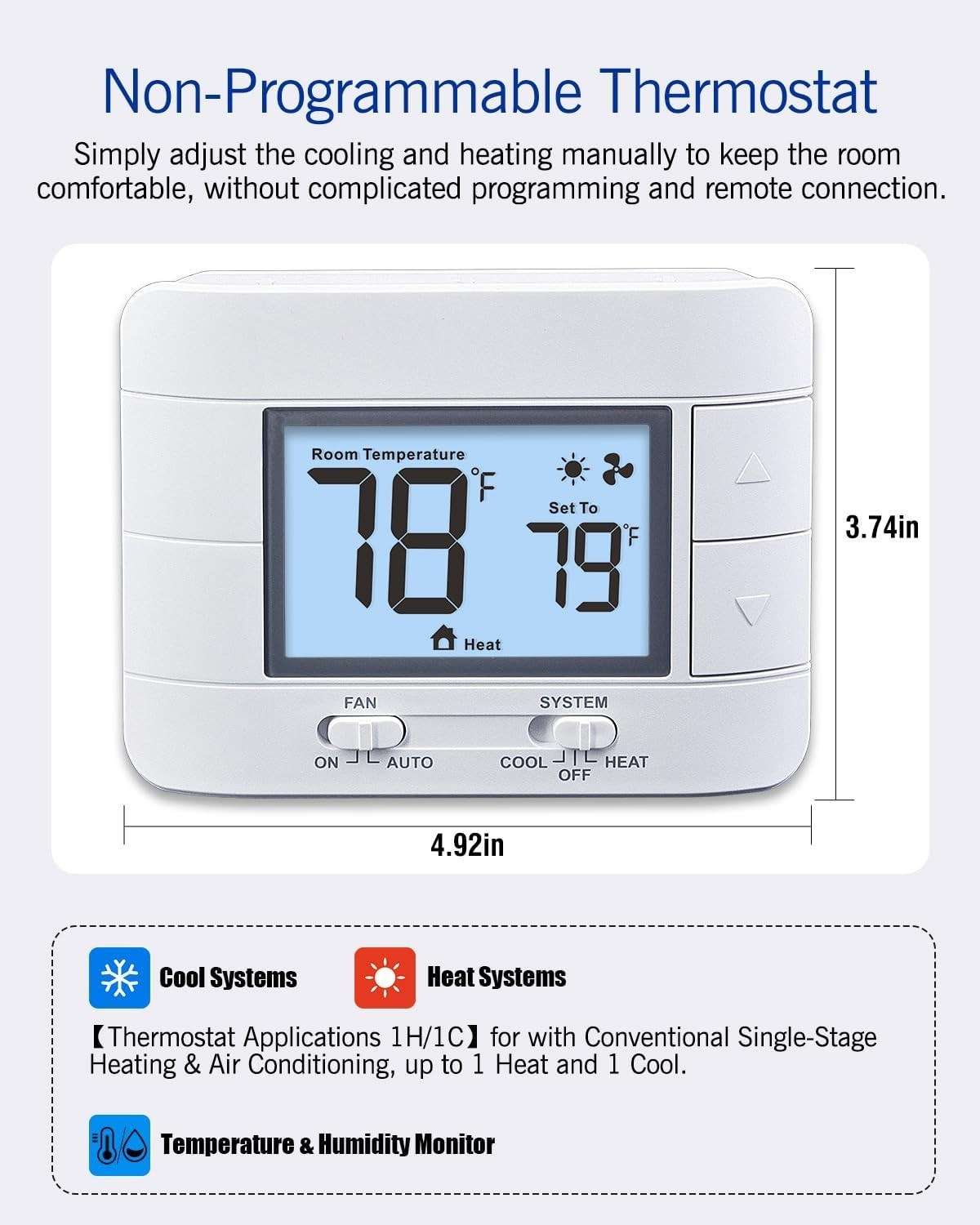 Precision Temperature Control Non-Programmable Thermostat with Humidity Display