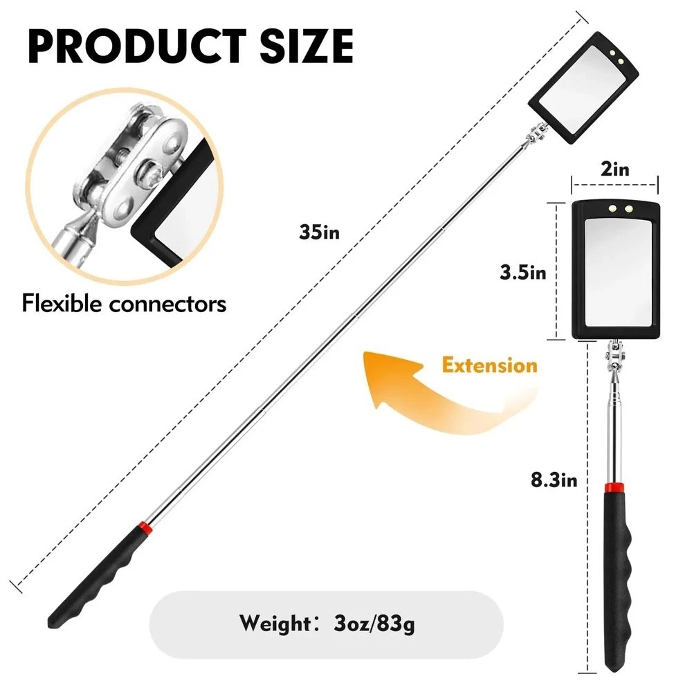 Inspection Mirror LED Lighted Mechanic Telescoping illuminate Swivel Extendable