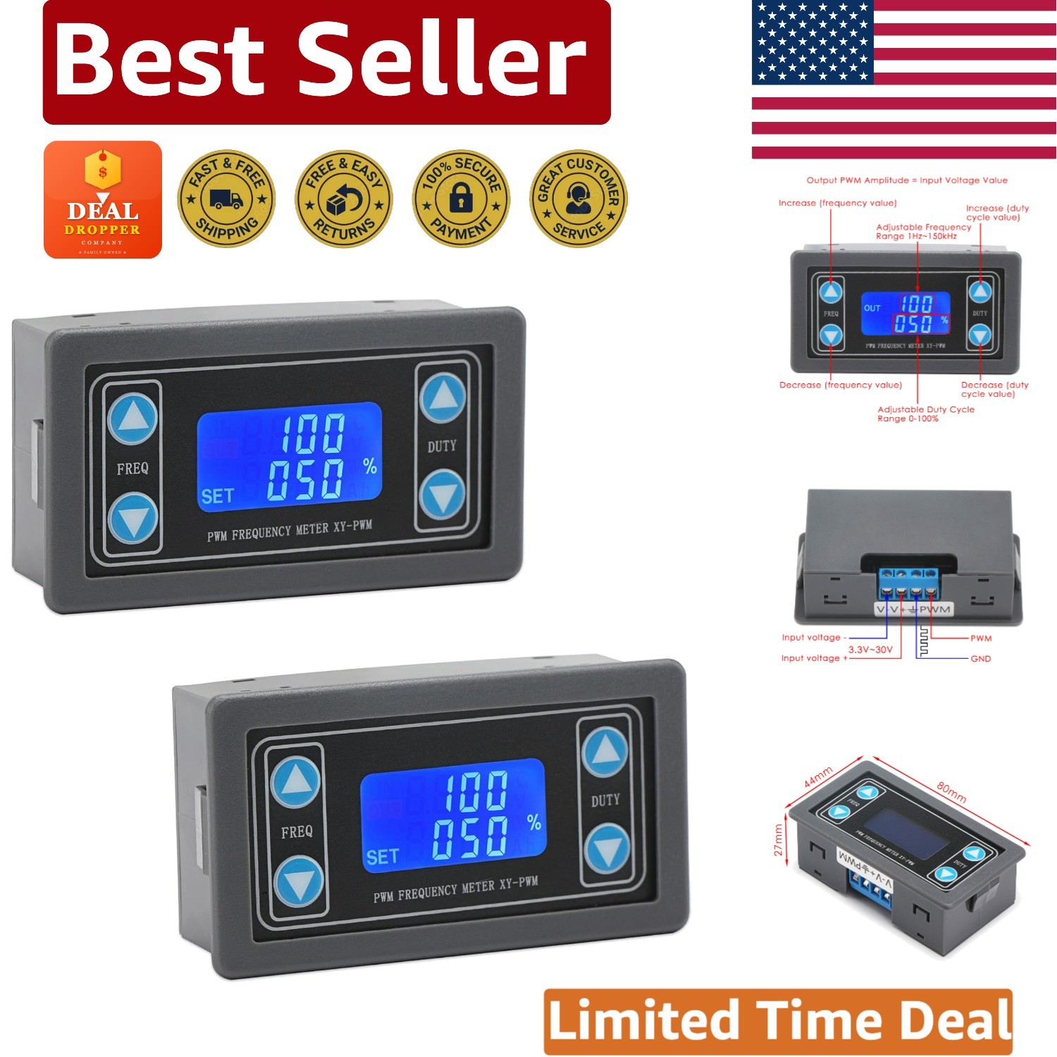 Dual-Channel Signal Generator 3.3-30V with LCD Display for Electrical Testing