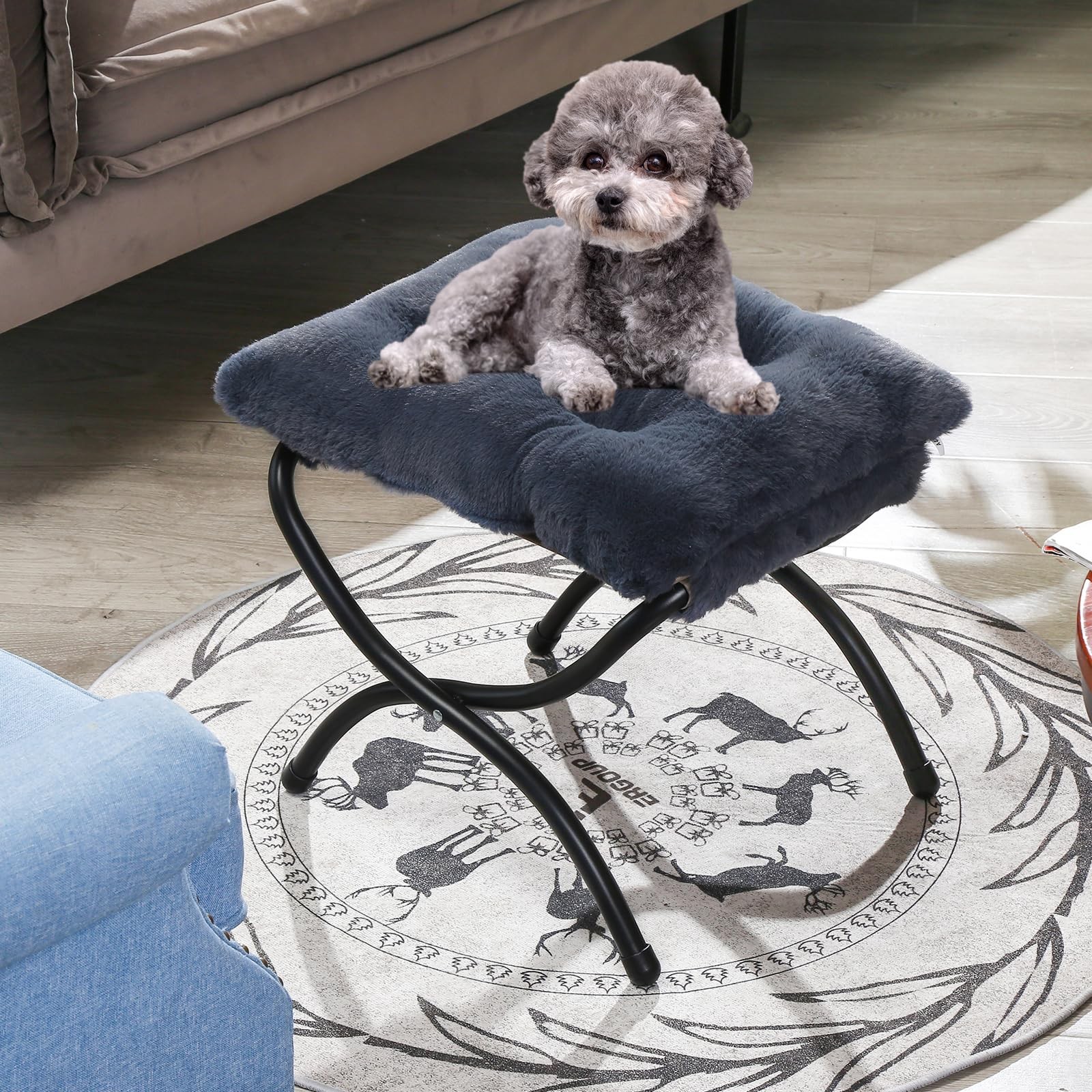WELL-STRONG 15" Foldable Ottoman Foot Stool Metal Frame Washable Faux Fur Navy