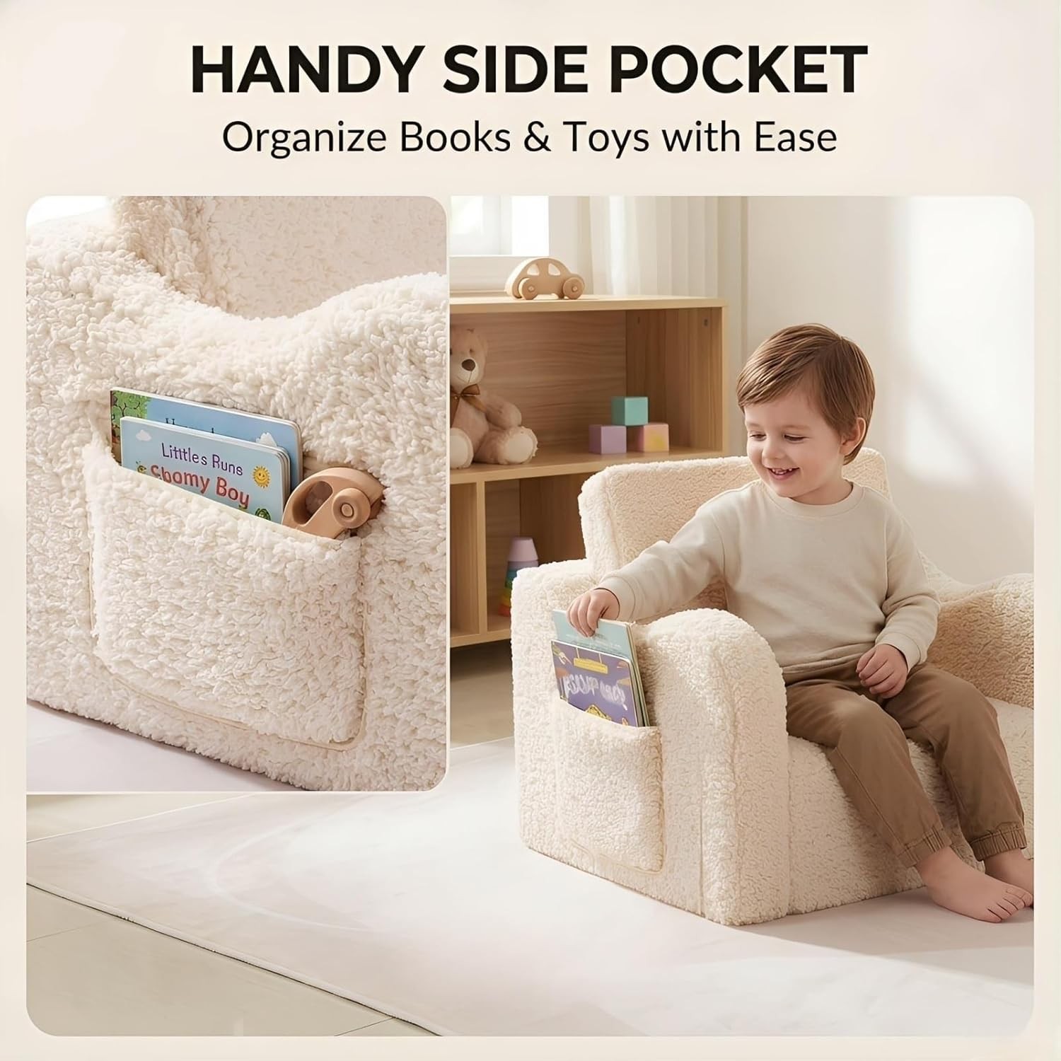 MOMCAYWEX Kids Sofa, 2-in-1 Flip-Out Foam Couch with Soft Sherpa Cover, Cozy Pla