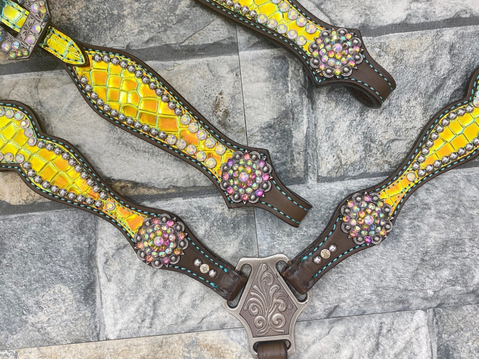 Genuine Leather Western Headstall Breast Collar tack Set for Horse Decorated