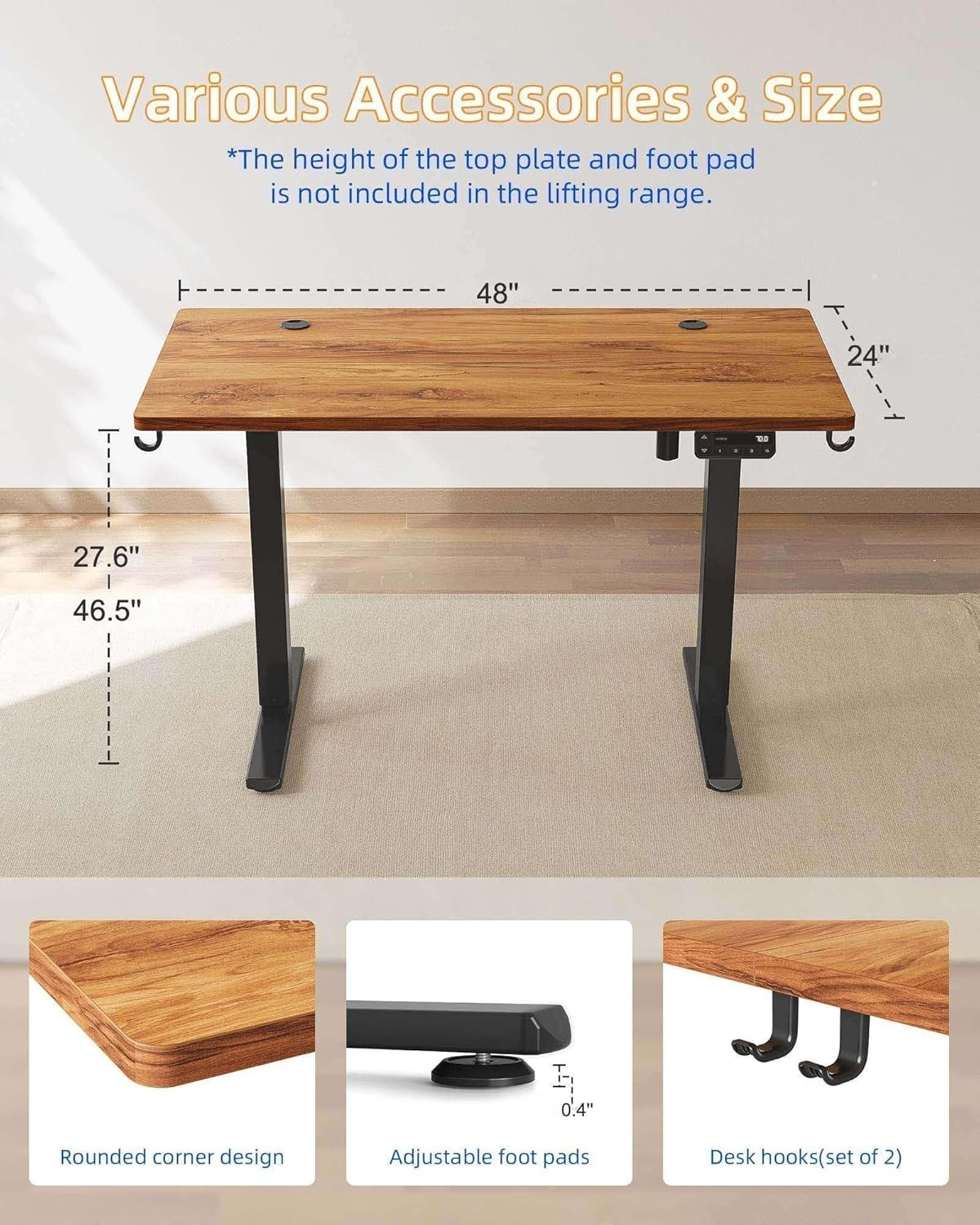 Electric Adjustable Standing Desk 48"x24" - Rustic Brown Top, Black Frame
