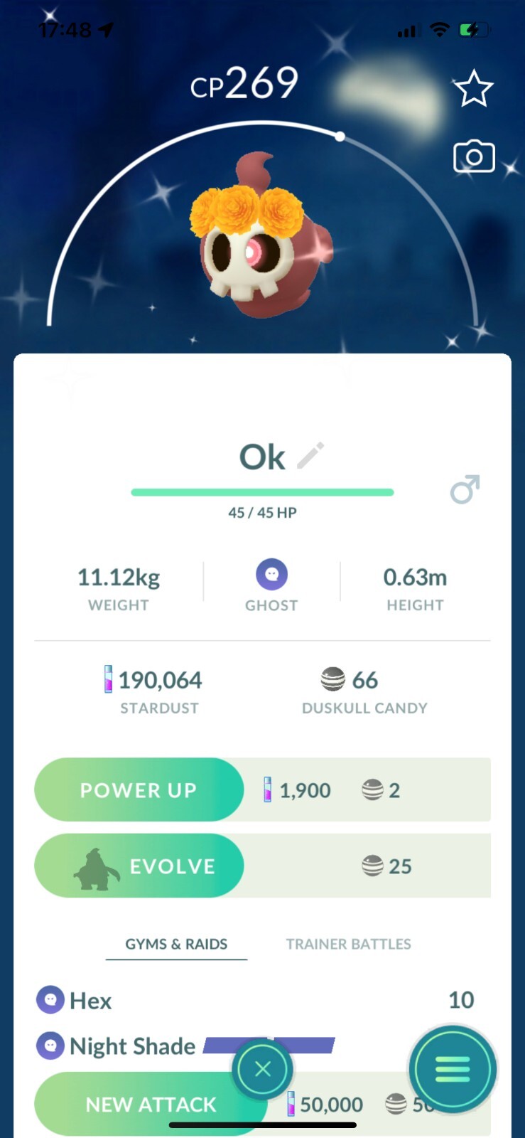 Shiny Duskull with cempasúchil crown flower -MlNl P T C - Read description