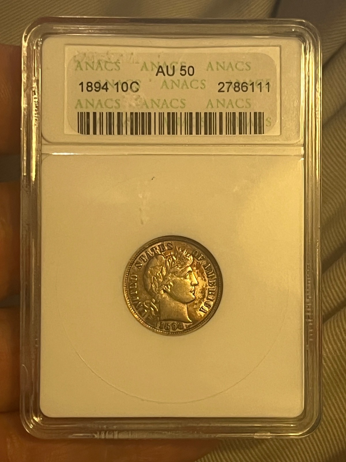 1894 Barber dime ANACS AU50 , Scarce date and grade