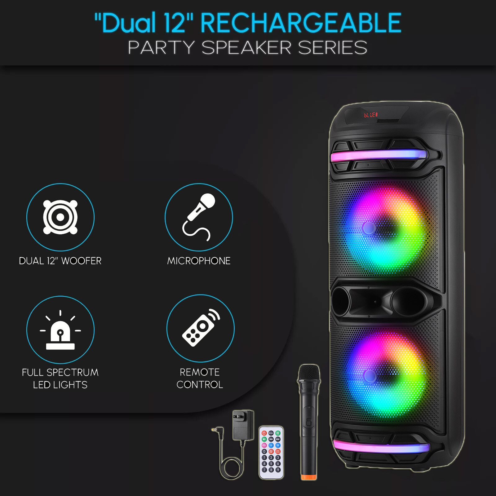 Dual 12-Inch Premium Party Bluetooth X-Bass Speaker USB/SD/FM/AUX/TWS LED Lights