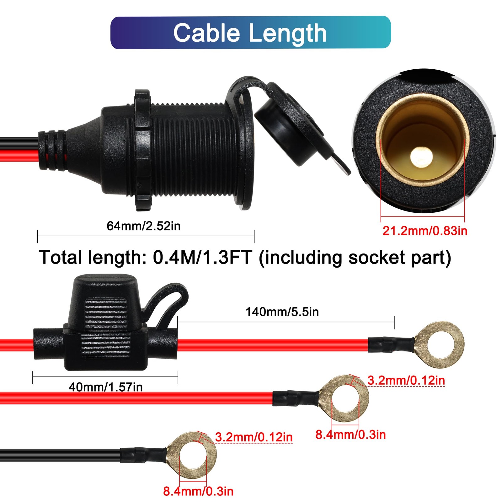 2V 24V Cigarette Lighter Socket to Ring Terminal Cable 14AWG 20A Waterproof
