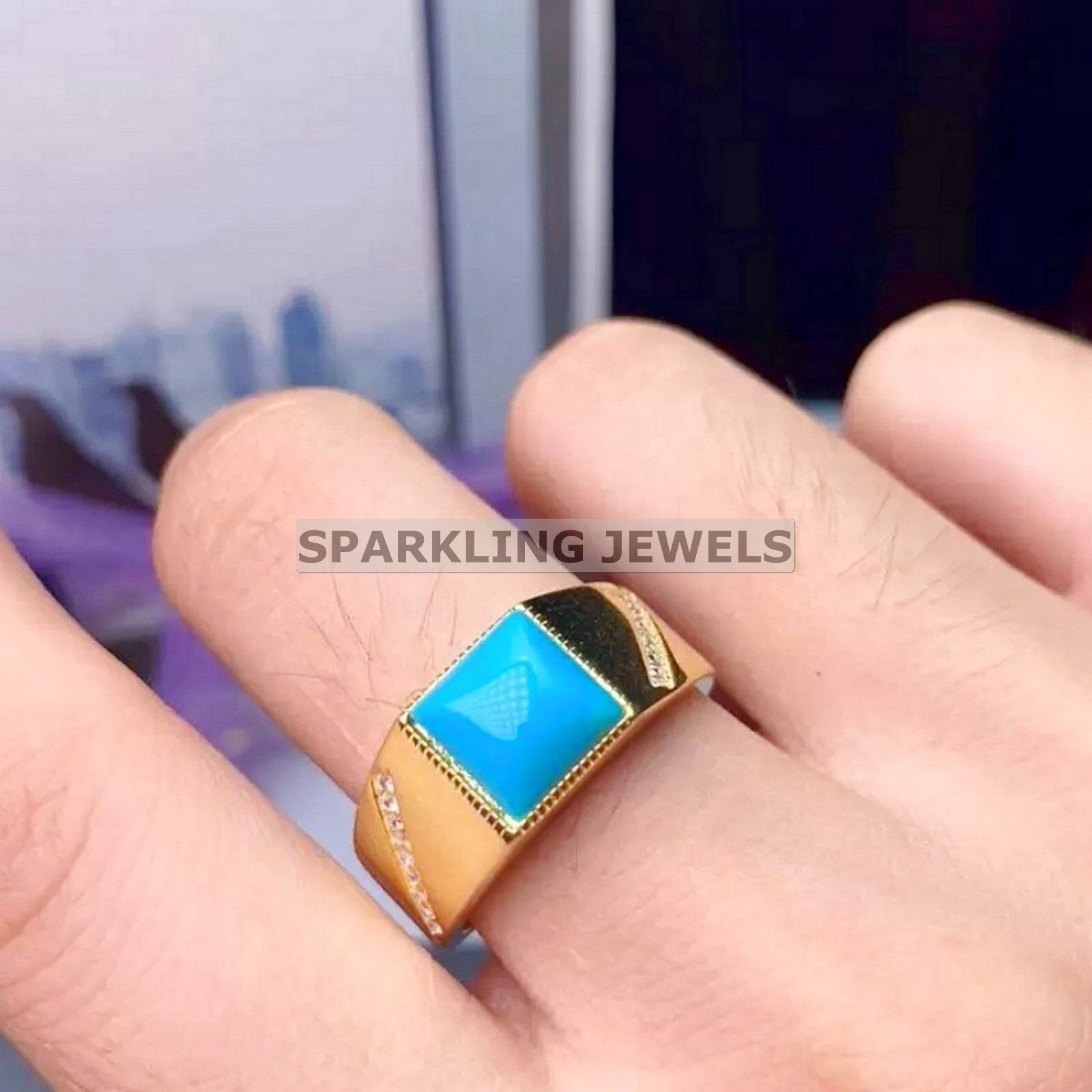 Lustrous Turquoise Square Cut With 14K Solid Gold Ring For Men #C387