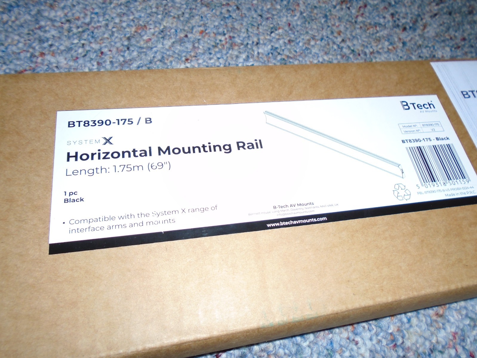 B-Tech System X Horizontal Mounting Rail (1.75M, Black) BT8390-175/B *NEW*