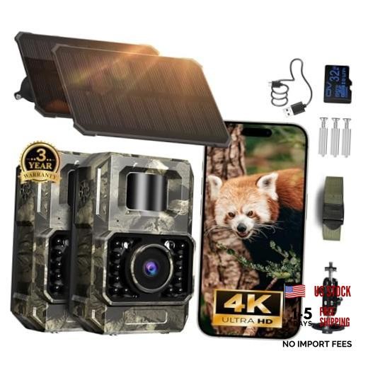 2Pack Solar Trail Camera, 4K WiFi Bluetooth Night Vision GameCamera | Trail