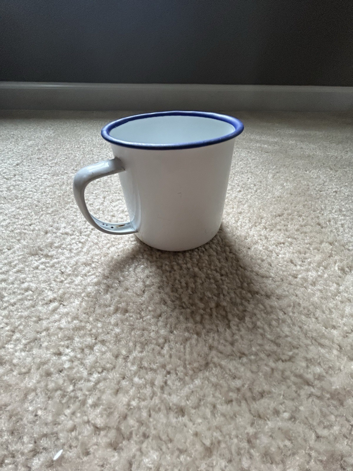 Vintage Small Enamel Camp Cup Lightweight White With Blue Rim