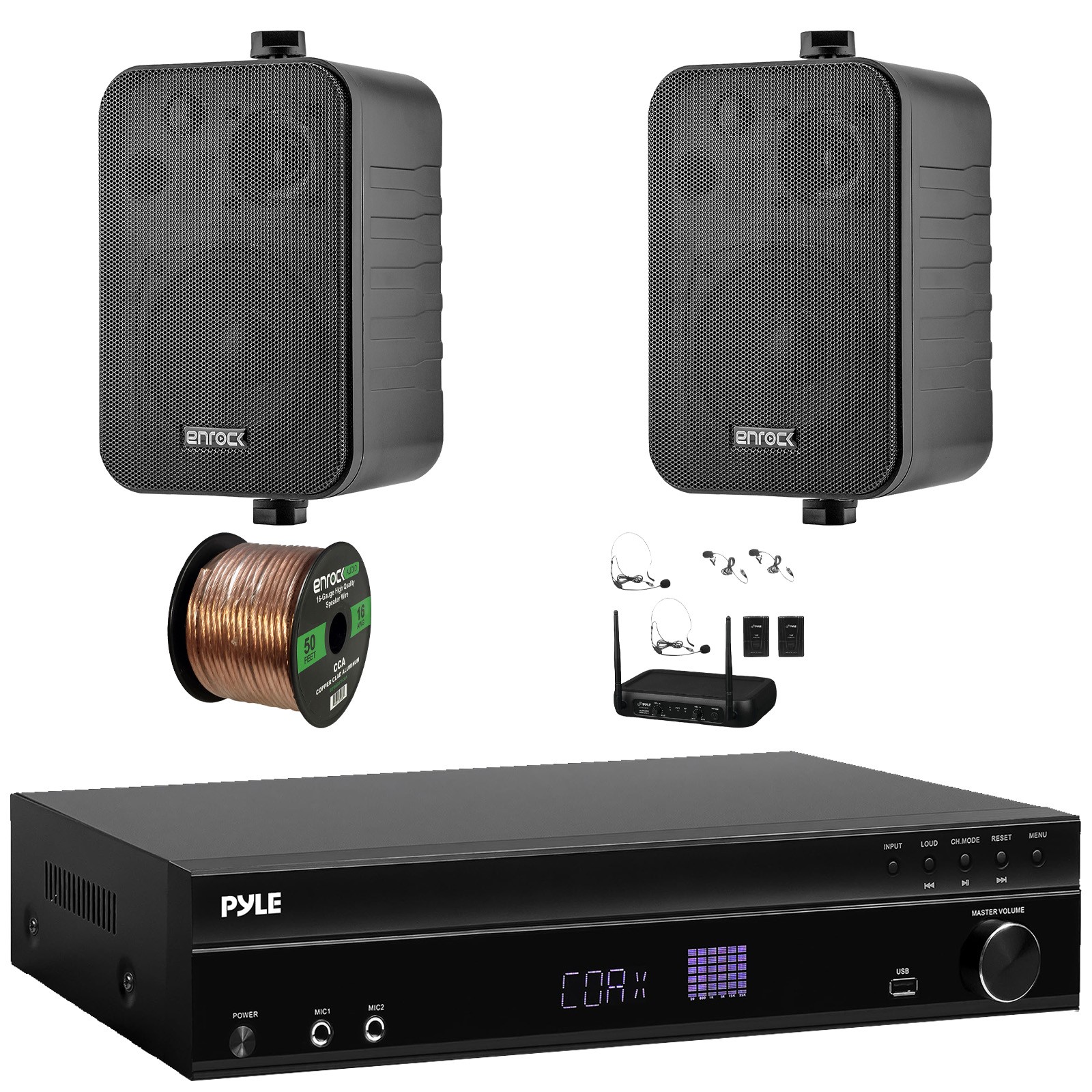 Pyle Hi-Def Bluetooth Receiver, 2x 4" 30W Max Outdoor Speakers + Wireless Mic