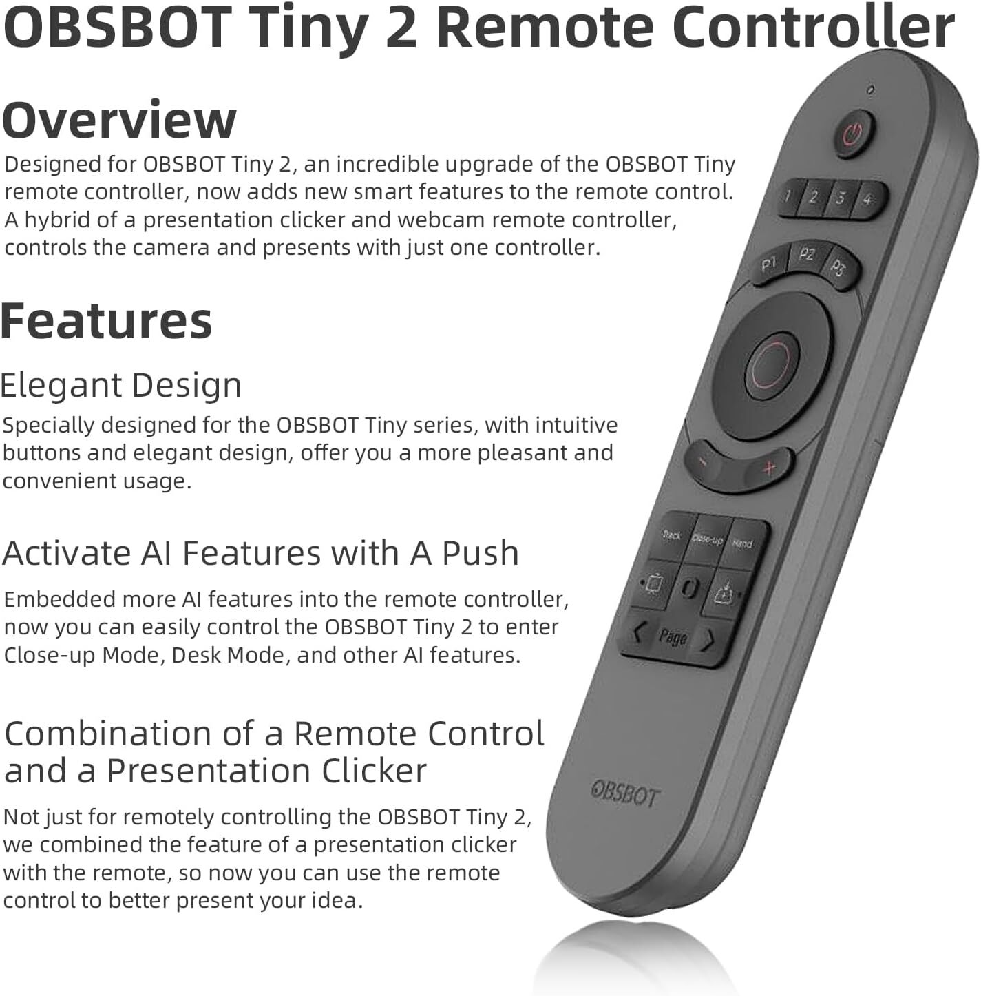 OBSBOT Tiny 2 Smart Remote Control Controller for Tiny 2 Tiny 4K 1080P Webcams