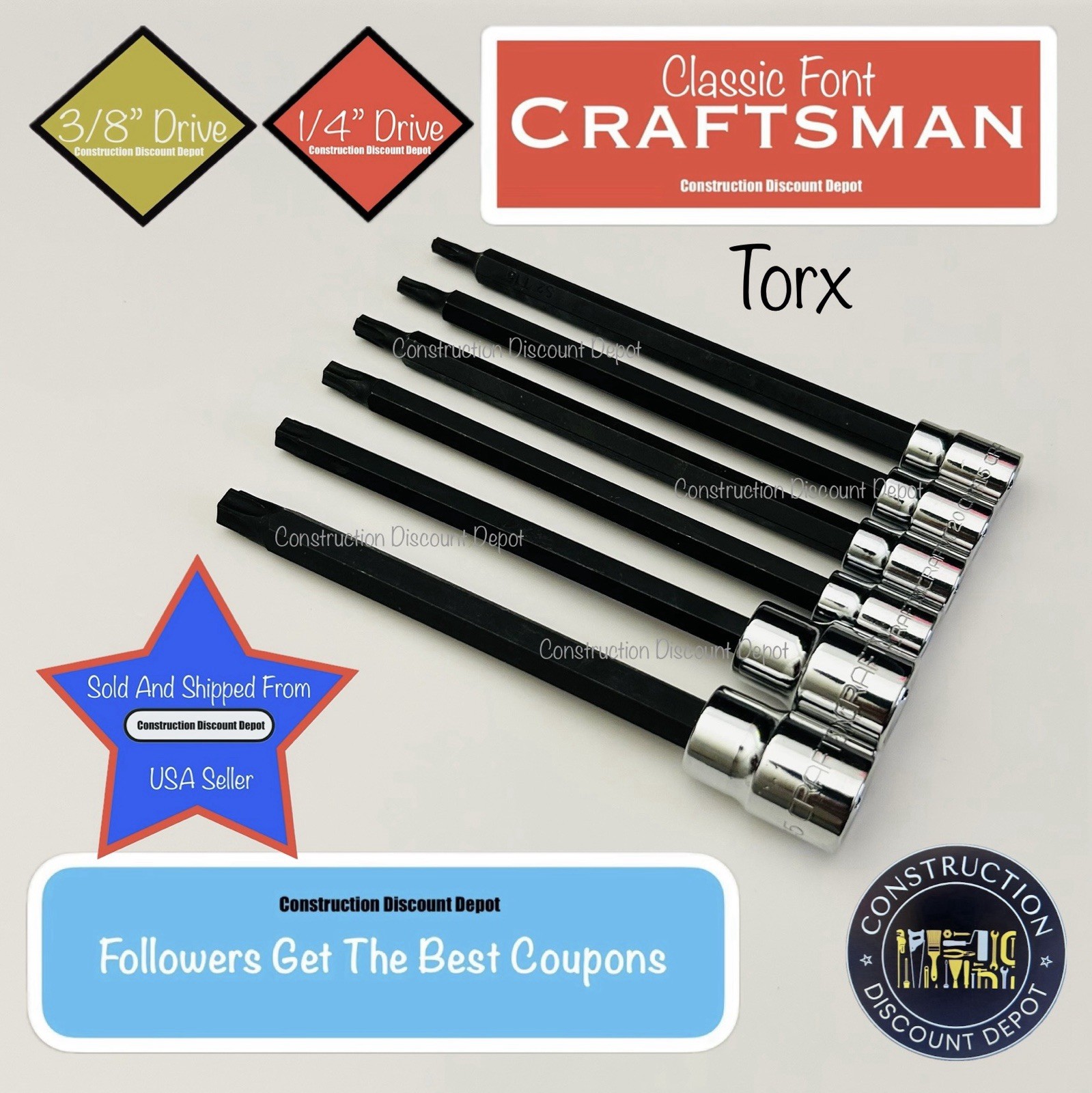 Craftsman 1/4" 3/8" Drive Long Torx Star bit socket set T45 T40 T30 T25 T20 T15