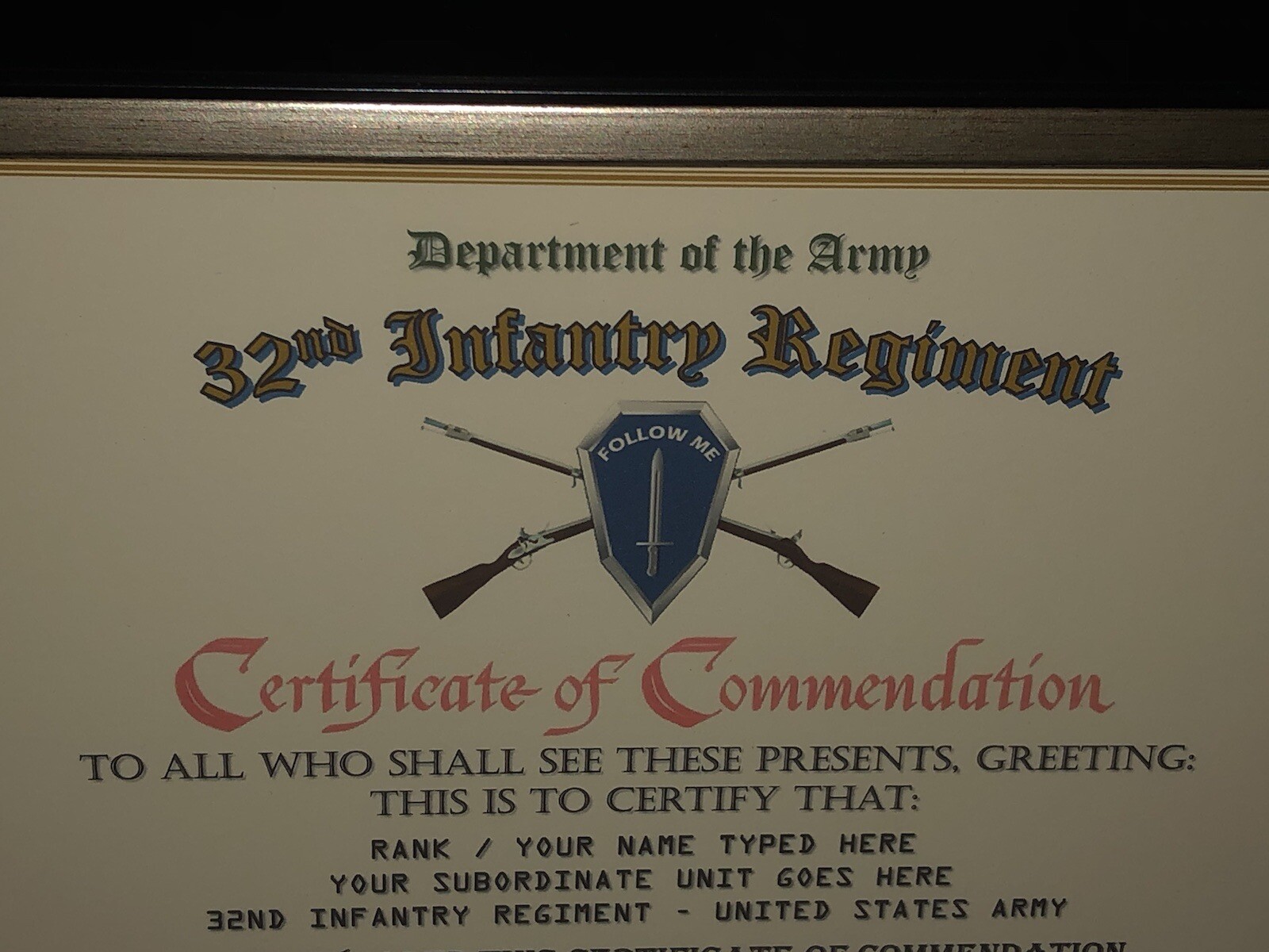 32ND INFANTRY REGIMENT / COMMEMORATIVE - CERTIFICATE OF COMMENDATION