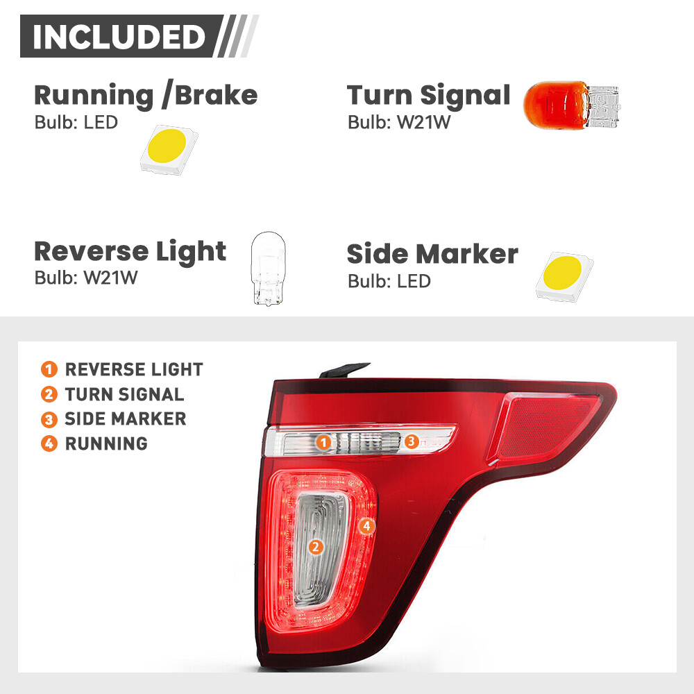 LED Tail Light For 2011-2015 Ford Explorer Red Clear With Bulbs Passenger Side