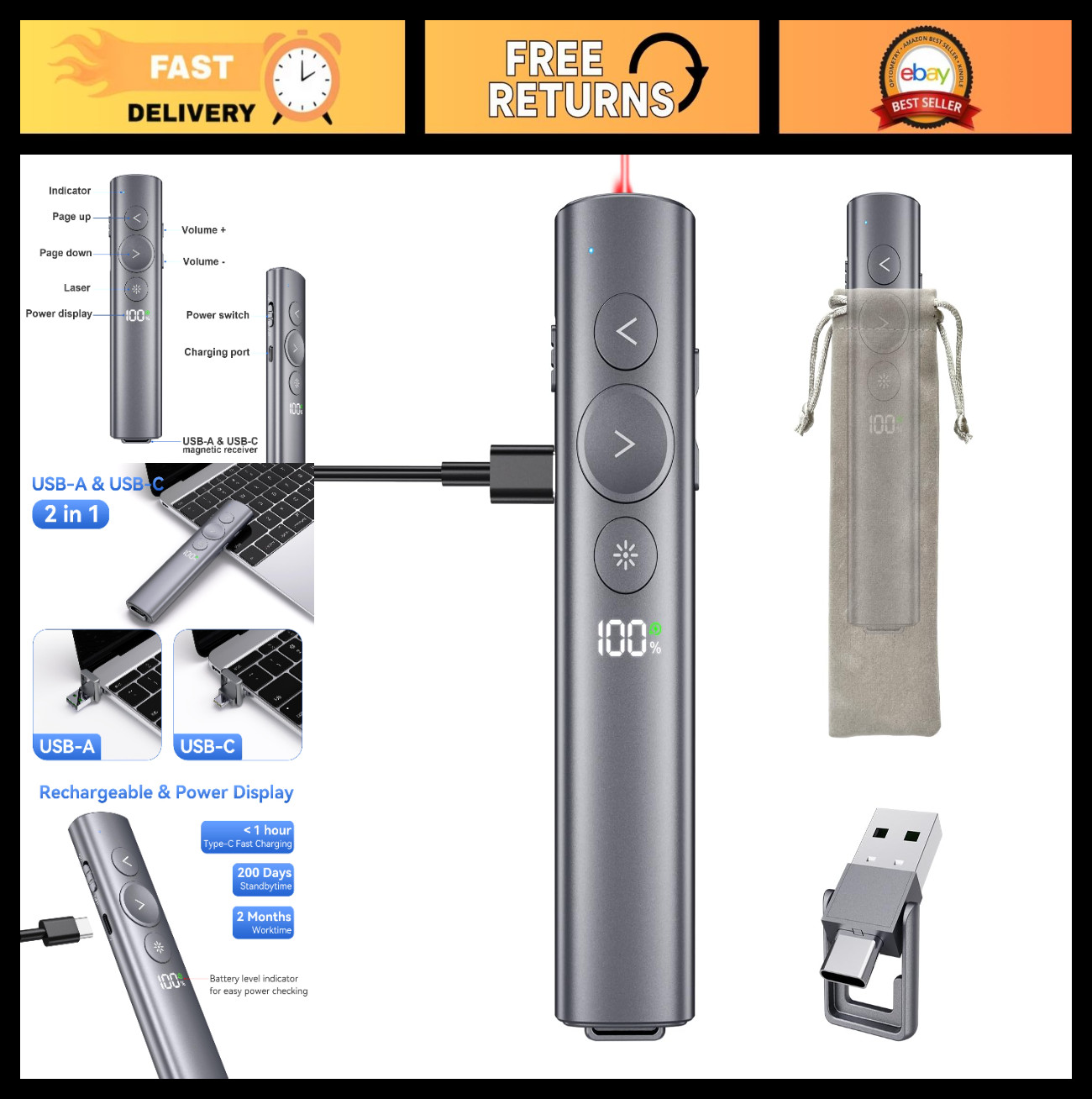 Wireless Presentation Clicker with Red Laser Pointer - USB-A & USB-C Remote for