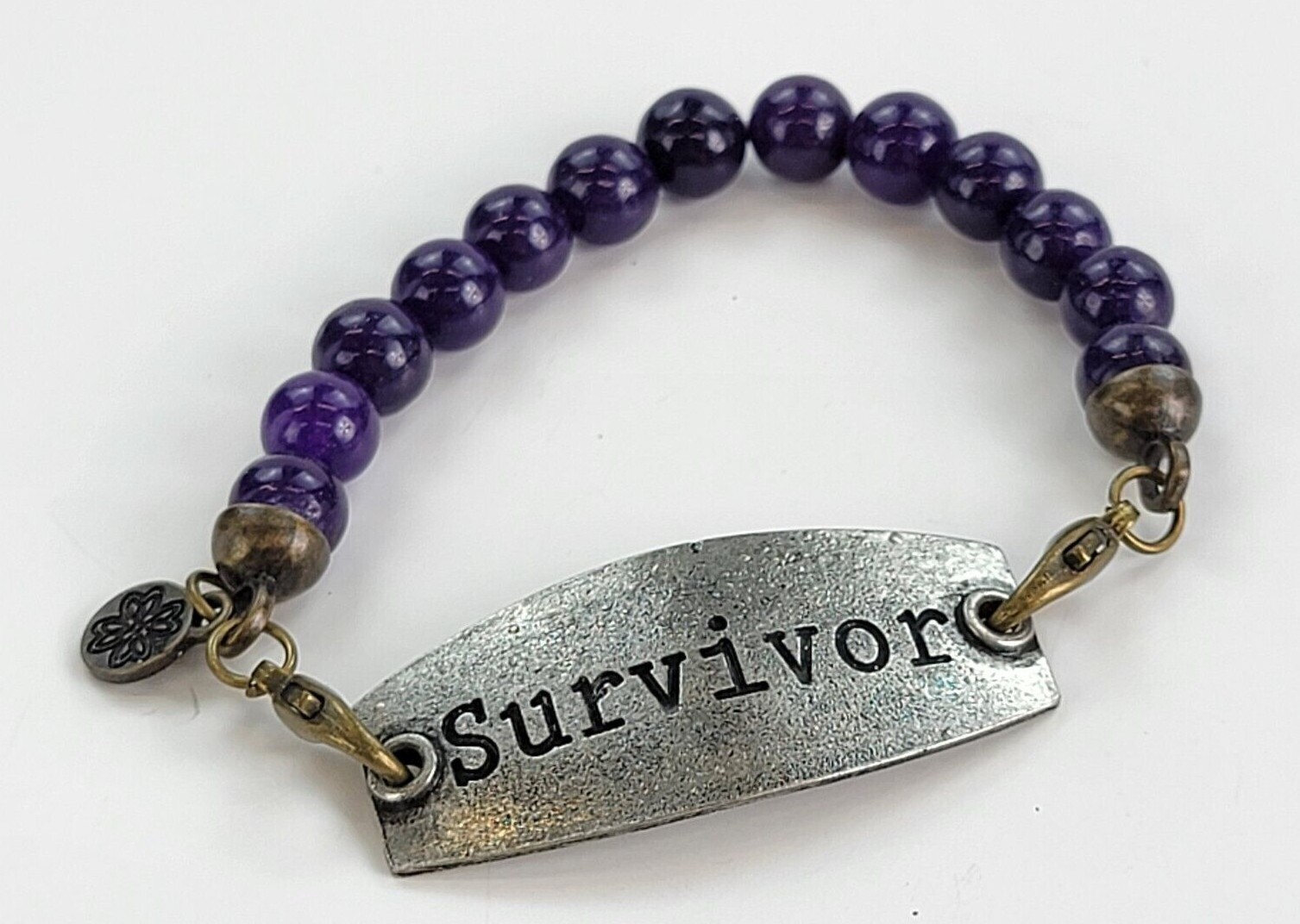 SURVIVOR Inspirational Bracelet Amethyst Agate Ball Bead Stretch 7" Sizable