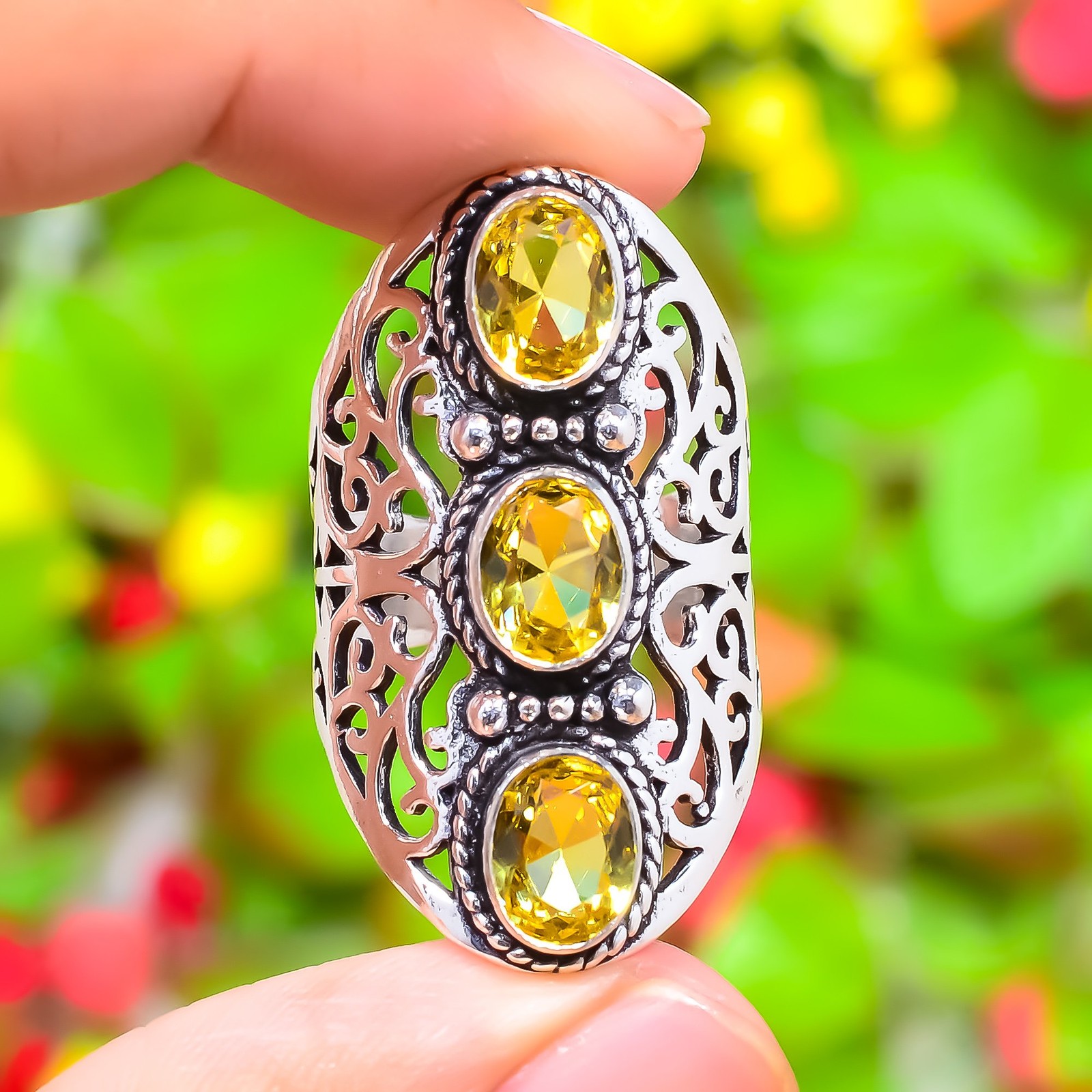 Natural Citrine Gemstone Handmade 925 Sterling Silver Gift Ring Size 10 Gift E06
