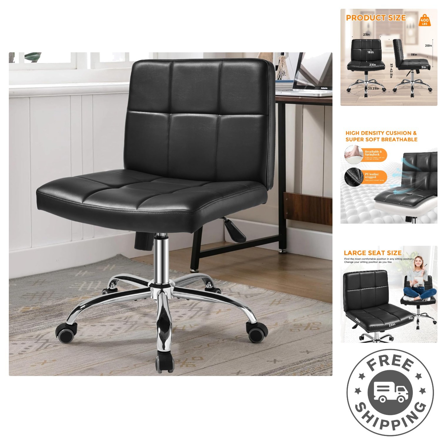 Comfortable PU Leather Desk Chair - Space-Saving Design for Home & Office
