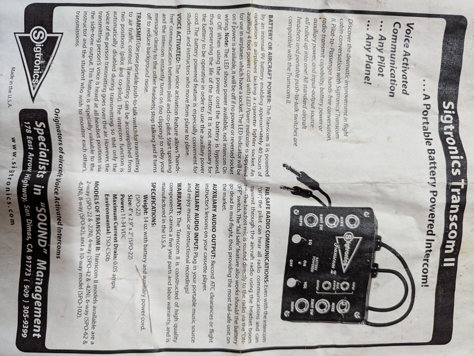 Sigtronics Transcom II portable aviation intercom SPO-42