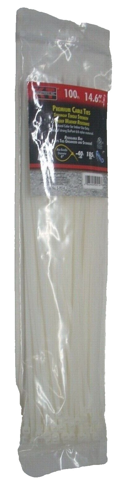 KT Industries 5-9514 Premium White Cable Ties 14.6" Long 75 lb Cap 100 pk