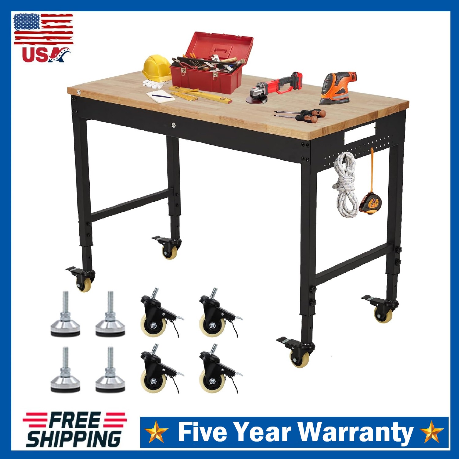 48"Adjustable Workbench Heavy Duty Work Bench ,Garage Worktable w/Power Outlet
