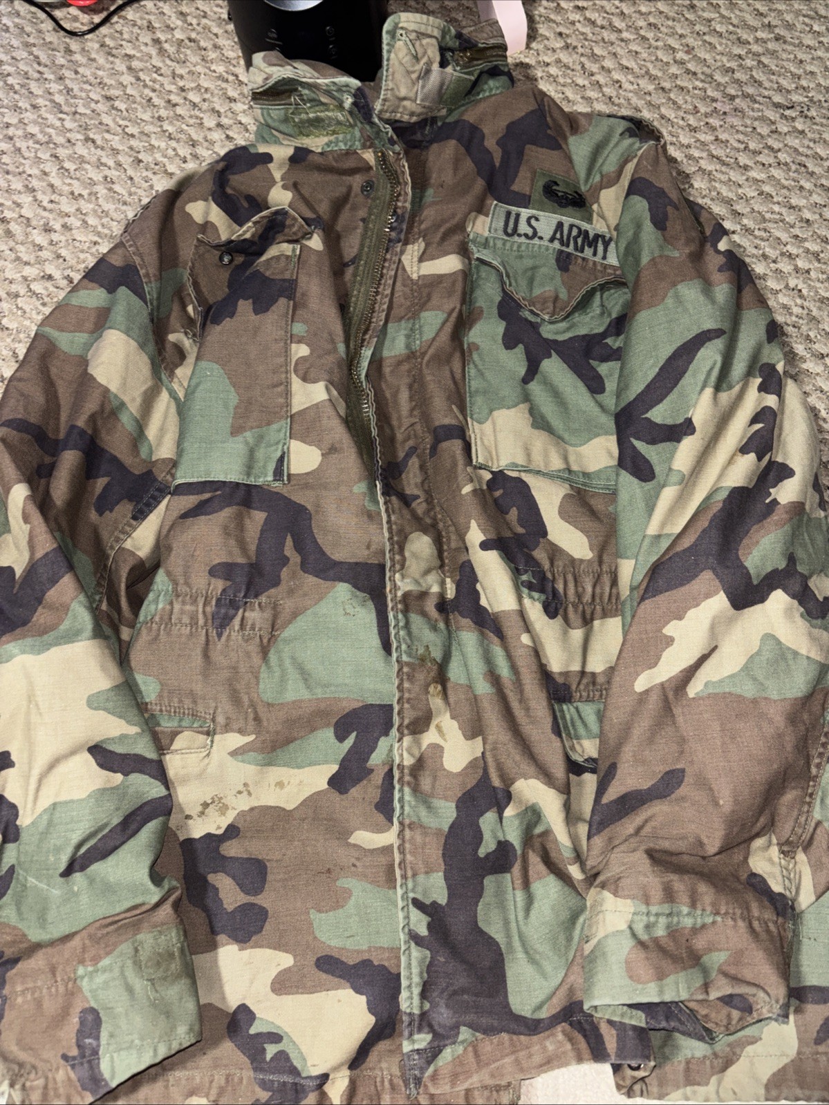 US ARMY Cold Weather Field Hood Coat Woodland Camo Sz. Med-Long, 8415910997836 ￼