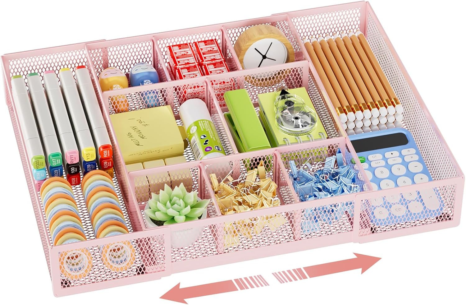 Expandable Desk Drawer Organizer,Mesh Tray w/ 10 Adjustable Compartment Organize