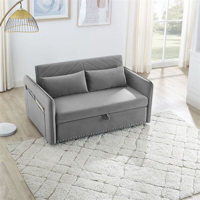 3 in 1 Convertible Sofa Bed,Gray Pull Out Sleep Sofa Bed w/USB Port & 2 Pillows