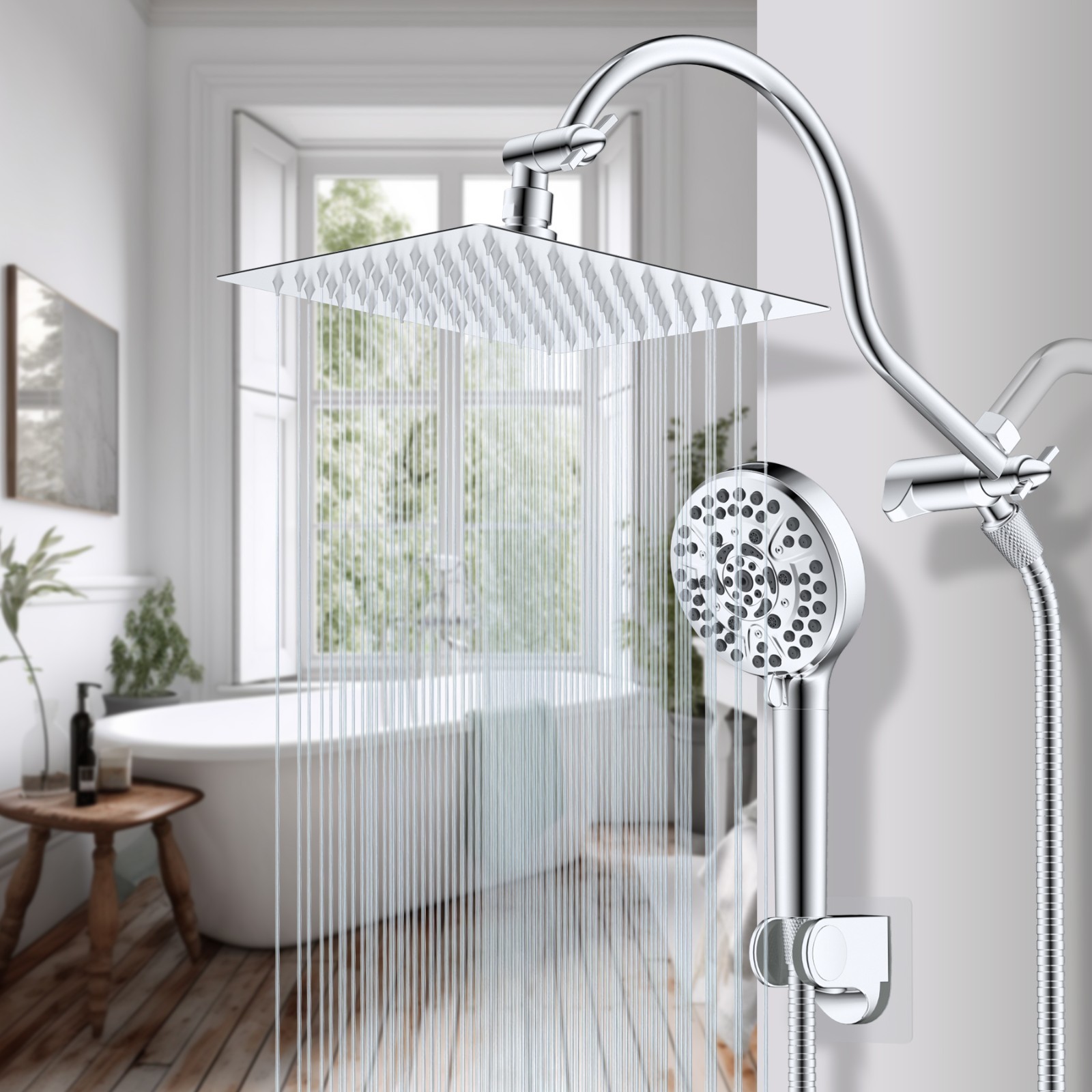 8" High Pressure Rainfall Shower Head Combo with Handheld Spray 10 Spray Setting
