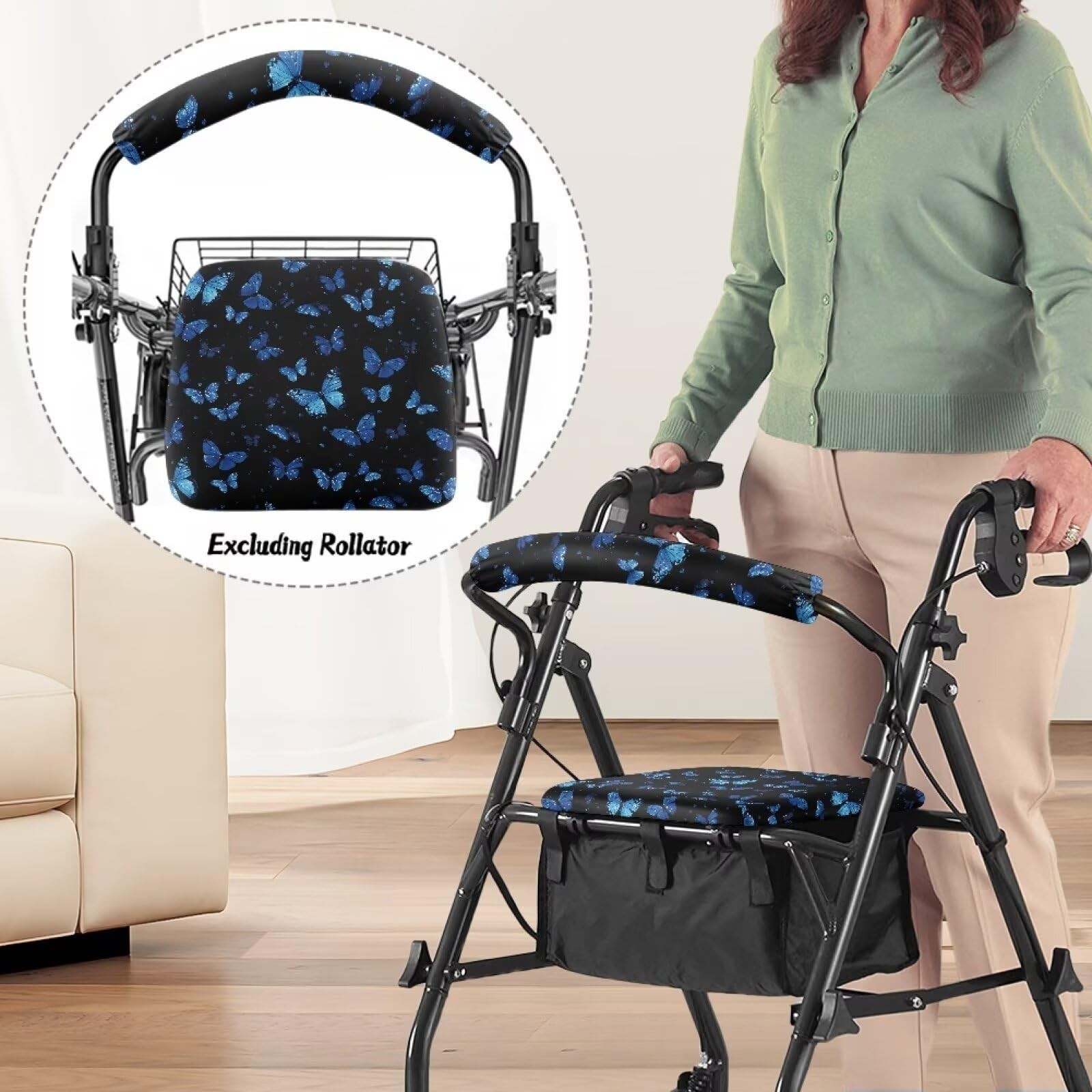 Blue Butterfly Rollator Seat Cushion Back Bar Cover Set Rollator Walker Acces...